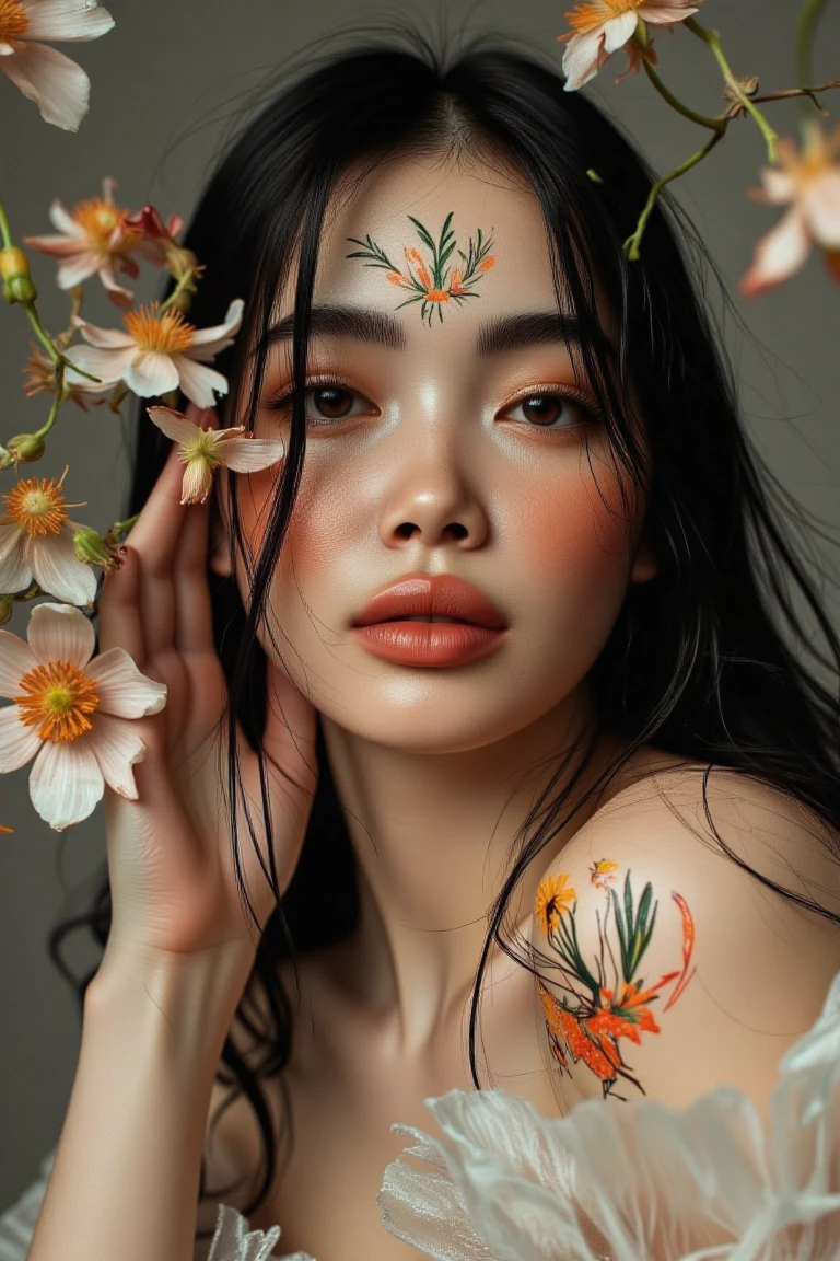 The image is a highly detailed, realistic digital artwork featuring a young woman with a striking, surreal aesthetic. She has a light skin tone and long, dark brown hair cascading around her face and shoulders. Her eyes are almond-shaped and a warm, light brown color, framed by thick, dark eyelashes. Her lips are full and painted a soft, matte peach color.
Her face and shoulders are adorned with intricate, hand-painted floral designs.