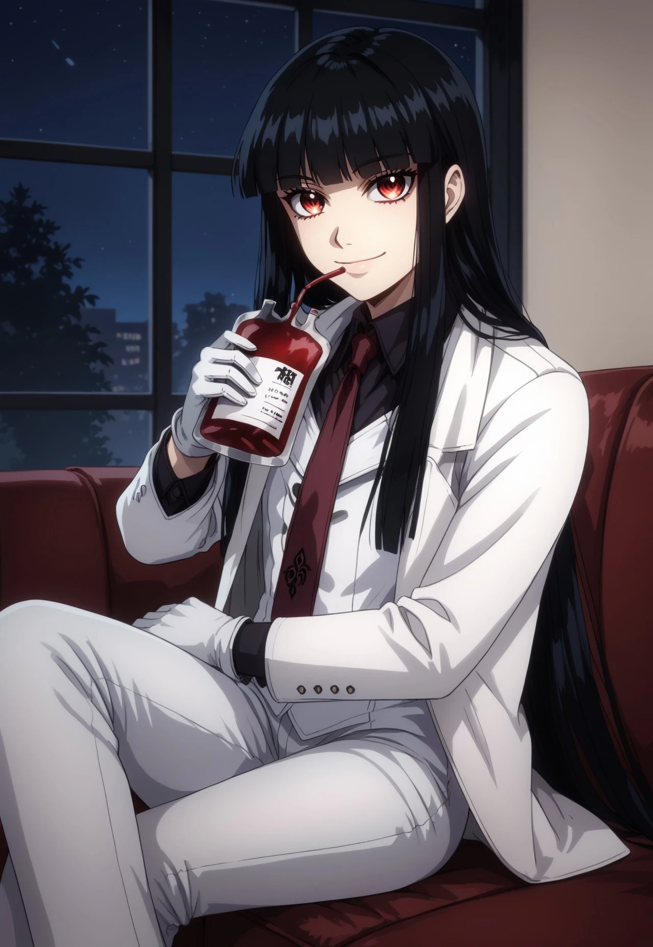 safe_pos, score_9, score_8_up, score_7_up, masterpiece, best quality, petite, Girlycard, solo, 1girl, female focus, black hair, long hair, hime cut, blunt bangs, red eyes, white jacket, black shirt, red necktie, white coat, white scarf, white gloves, white pants, blood bag, drinking, cowboy shot, smile, happy, sitting, on couch, manor, night, inside, perspective