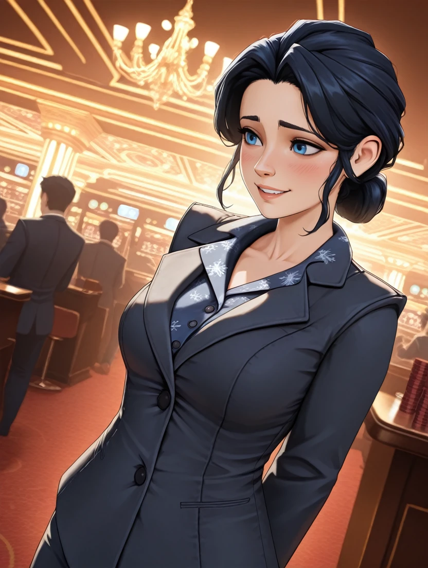 masterpiece, best quality, amazing quality, very aesthetic, absurdres, newest,
<lora:ILWolfSnow:0.8>
WolfSnow, 1girl, black hair, blue eyes, looking at viewer, dutch angle, happy, blush, casino