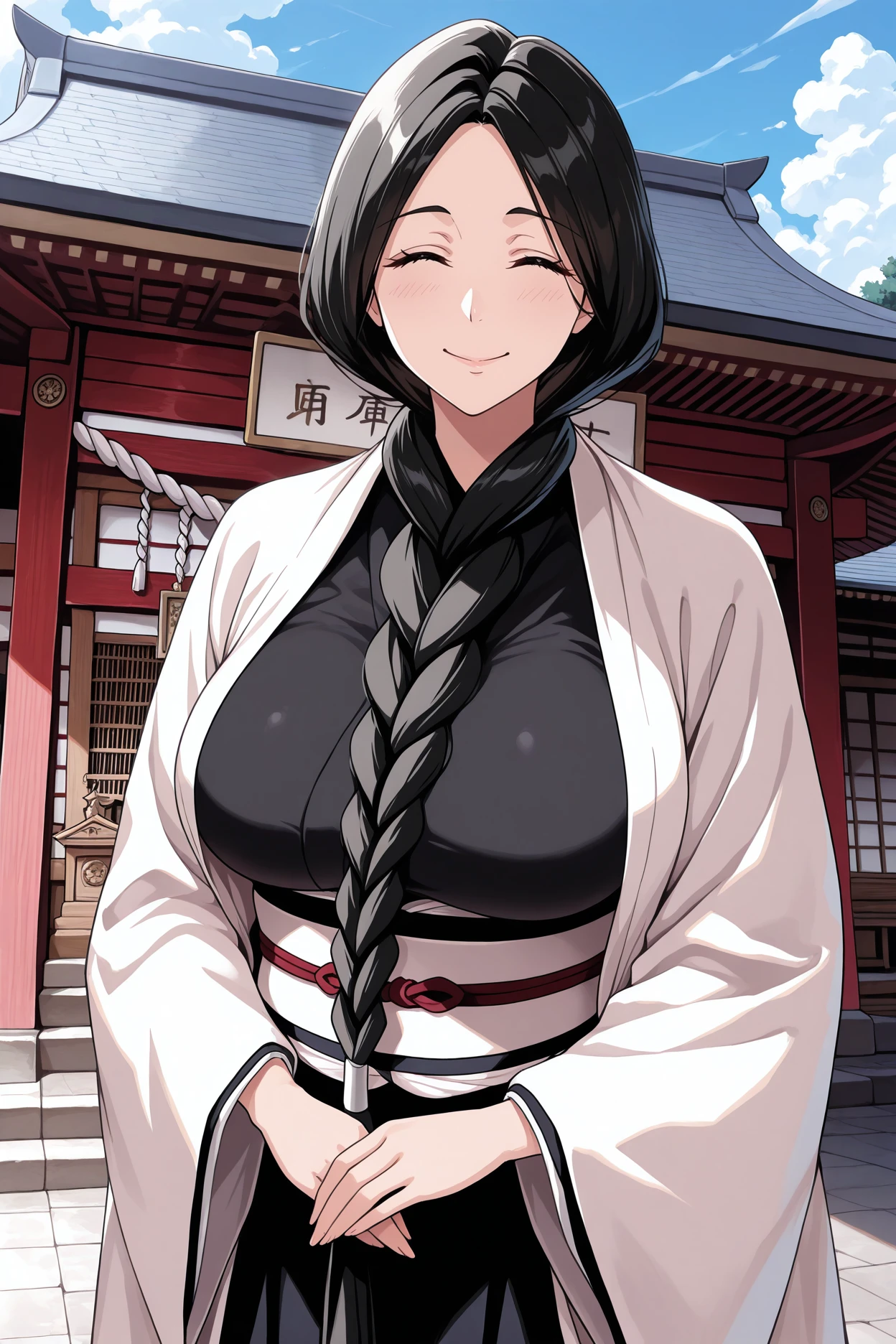 masterpiece, best quality, 1girl, solo, <lora:unohanaretsu-illu-nvwls-v1_1-000007:1> run0hana, black hair, single braid, large breasts, white haori, wide sleeves, black kimono, obi, black hakama, mature female, closed eyes, happy, smile, looking at viewer, blue sky, shrine, east asian architecture, clouds