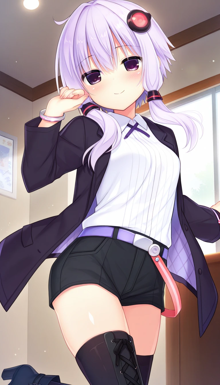 Score_9, Score_8_up, Score_7_up, Score_6_up, Score_5_up, Score_4_up, source_anime, anime style, anime screencap, 1girl, midori fuse, long hair, ribbon, purple eyes, hair ribbon, white hair, white cat ears, cute, skirt lift, cleft of venus, embarrassed