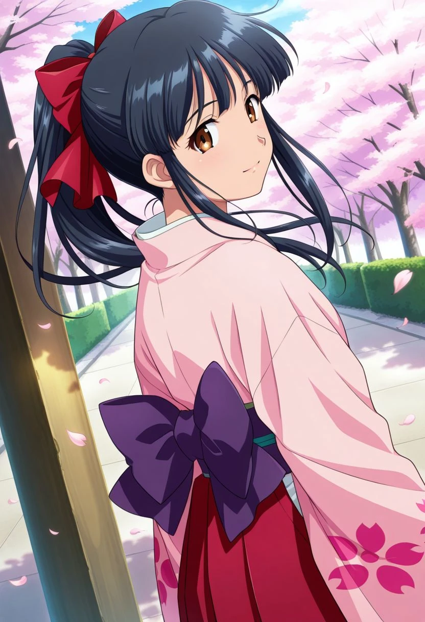 detailed eyes, beautiful, detailed background, perfect eyes,
source_anime, very aesthetic, anime coloring, masterpiece, official art,
<lora:HandFineTuning_XL:1>
BREAK,
sakura tree, japanese street, sakura petals, windy, floating hair,
cowboy shot, dynamic angle,
from behind, looking back, light smile
BREAK,
<lora:shinguji_illustrious_v01:0.9>
sakuraBase, black hair, hair ribbon, red ribbon, brown hair, ponytail, red bow, sidelocks, bangs,
meiji schoolgirl uniform, japanese clothes, red hakama, floral print sleeves, floral print kimono, purple sash, fingerless gloves, green obijime,