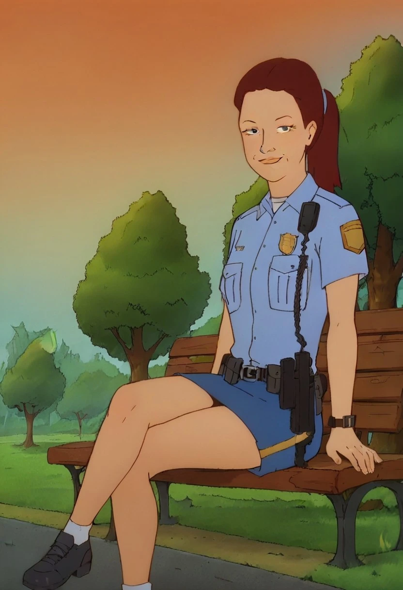 KOTHJaneCooper, 1girl, brown hair, ponytail, black eyes, policewoman, police uniform, blue shirt, short sleeves, breast pocket, belt, holster, walkie-talkie, gun, blue skirt, miniskirt, black shoes
uncensored, score_9__up, score_9, score_8_up, score_8, score_7_up, score_7, score_6_up, score_6, score_5_up, source_anime, anime screencap, anime coloring, highres, Rating_safe, safe_pos
smug, sitting, crossed legs, outdoors, 1girl, bench, trees, sky, clouds, sun, looking at viewer, day, forest
