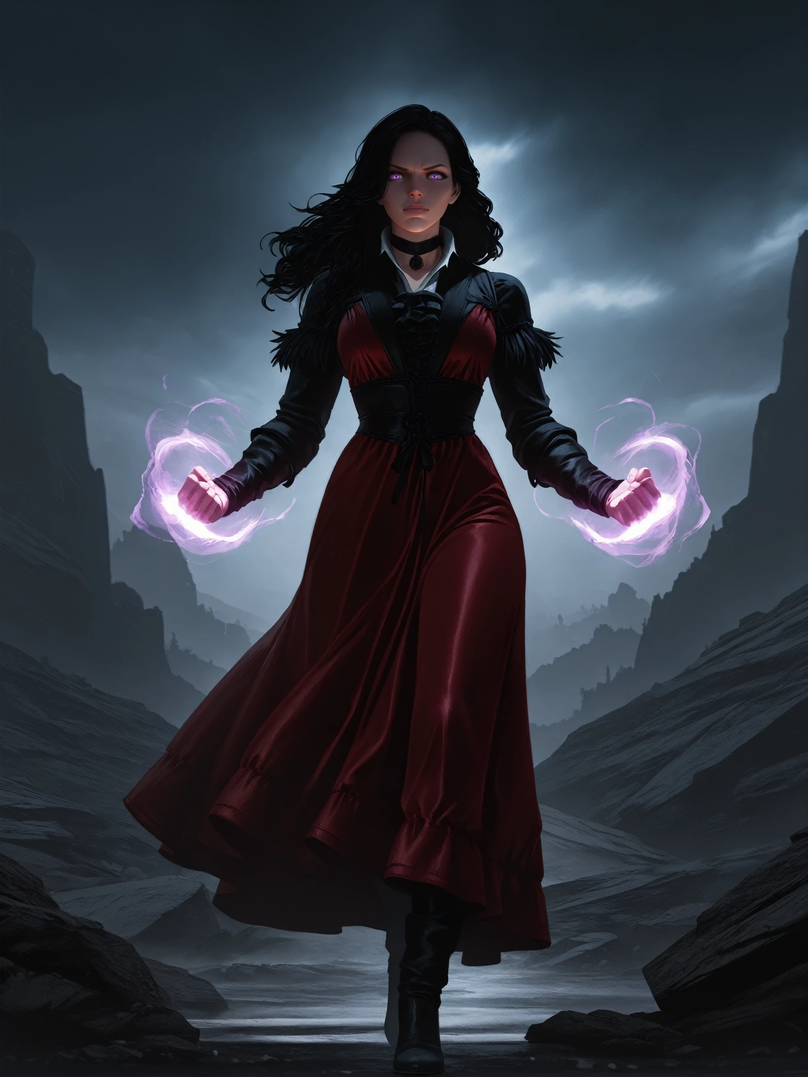 masterpiece, best quality, amazing quality, very aesthetic, absurdres, newest,
<lora:ILTW3Yennefer:1.0>
TW3Yennefer, 1girl, black hair, purple eyes, long hair, looking at viewer, red satin dress, stormy sky, fierce expression, strong posture, epic background, hyperrealistic lighting, moody aesthetic, striking colors, luxury editorial, full body, dynamic pose