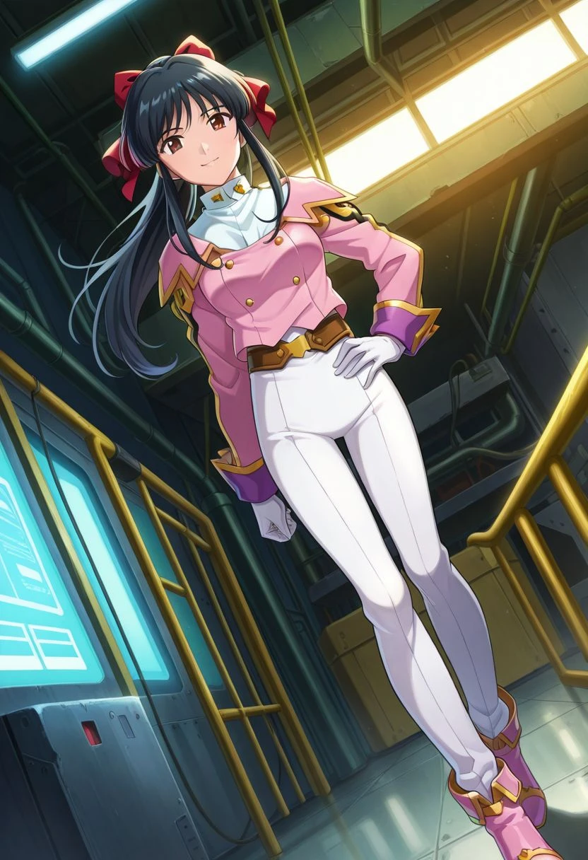 detailed eyes, beautiful, detailed background, perfect eyes,
source_anime, very aesthetic, anime coloring, masterpiece, official art,
<lora:HandFineTuning_XL:1>
BREAK,
factory, sci-fi,
full body, dynamic angle, long legs,
hand on hip, light smile,
BREAK,
<lora:shinguji_illustrious_v01:0.9>
sakuraSt, black hair, hair ribbon, red ribbon, brown hair, ponytail, red bow, sidelocks, bangs,
white pants, uniform, military uniform, pink jacket, white gloves, white ascot,
pink shoes,