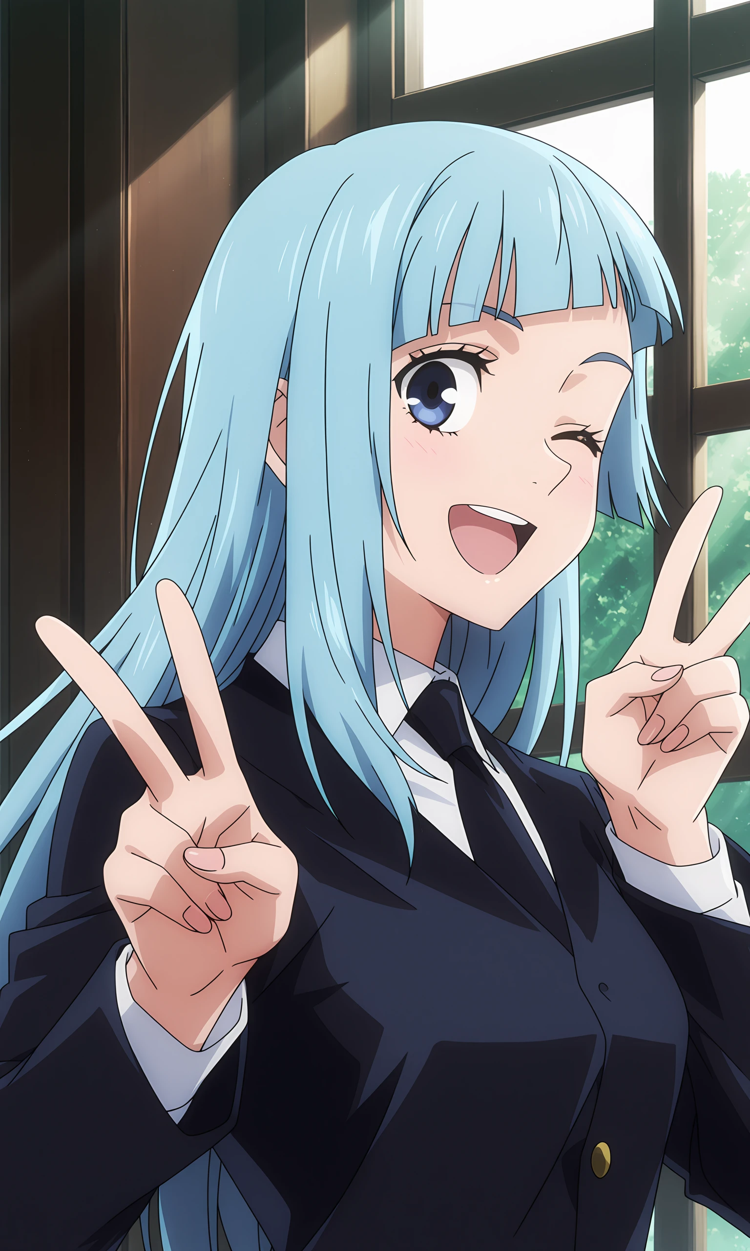 anime coloring, (anime screencap) masterpiece, detailed face, <lora:lora.TA_trained:1>,Kasumi, 1girl, solo, blue hair, long hair, necktie, black necktie, formal, looking at viewer, shirt, suit, smile, bangs, blue eyes, one eye closed, white shirt, window, jacket, indoors, upper body, collared shirt, blunt bangs, open mouth, light blue hair, black jacket, straight hair, v, peace sign