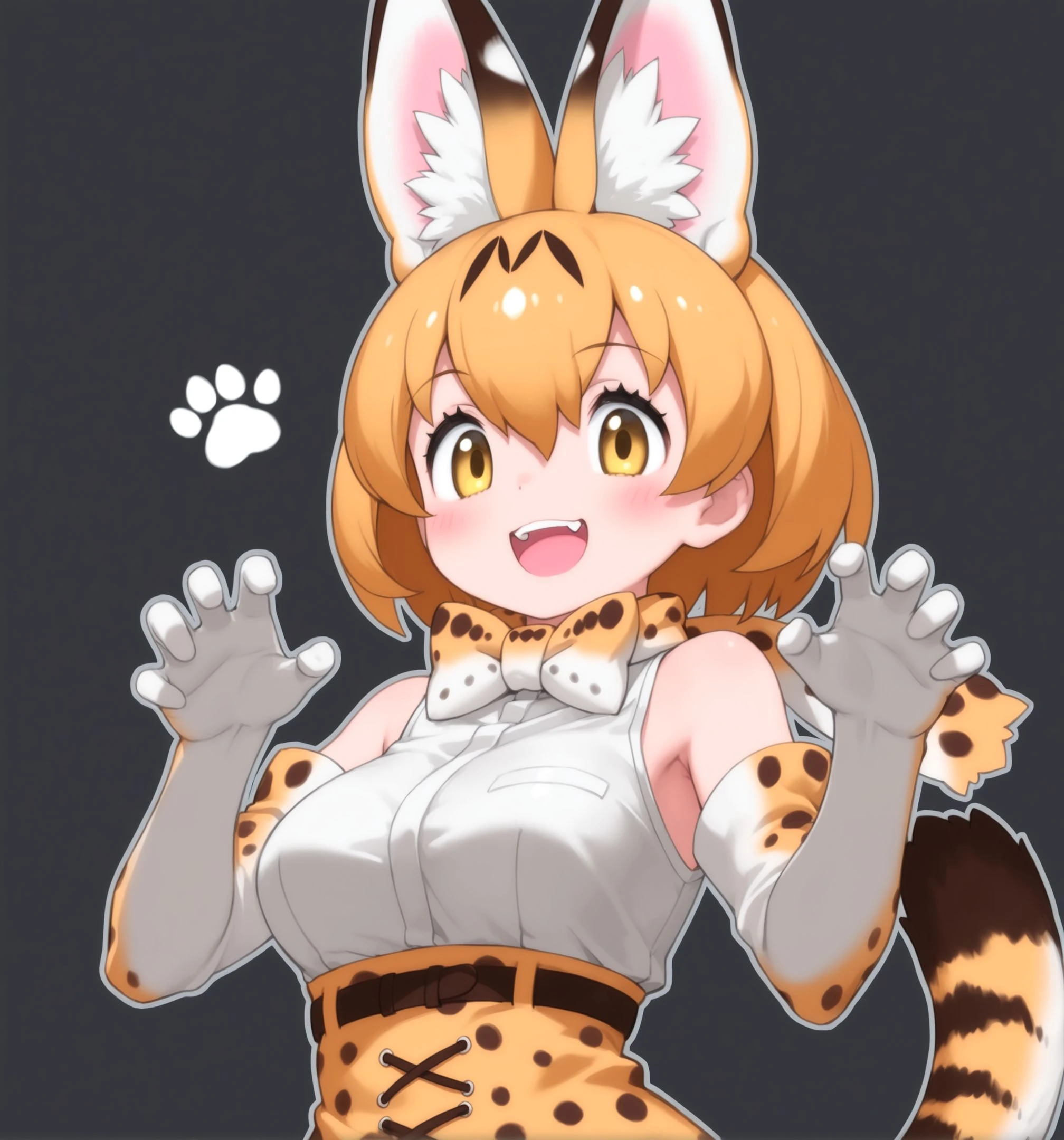 1girl, breasts, looking at viewer, blush, smile, short hair, bangs, blonde hair, simple background, hair ornament, thighhighs, white background, animal ears, cleavage, medium breasts, closed mouth, underwear, green eyes, standing, tail, full body, braid, boots, frills, cat ears, bra, high heels, cat tail, animal ear fluff, bare arms, clothing cutout, multiple views, thigh boots, cleavage cutout, white footwear, underwear only, light brown hair, knee boots, cat girl, short twintails, pom pom (clothes), high heel boots, white bra, paw pose, meme attire, frilled bra, cat cutout, cat lingerie, pom pom hair ornament