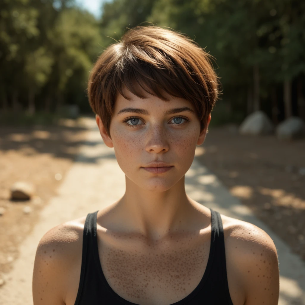 masterpiece, best quality, realistic, photorealistic, 1girl, brown hair, short hair, pixie cut, blue eyes, body freckles, black tank top, looking at viewer, depth of field, shadow, cucoloris shadow, morning,