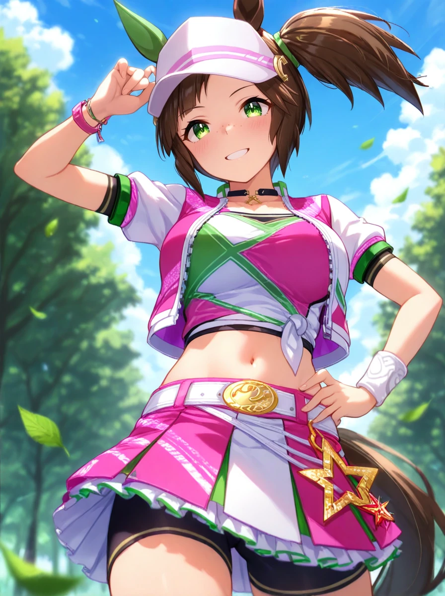 masterpiece, best quality, absurdres,ultra detailed hair,floating hair,
ines fujin \(umamusume\), 1girl, visor cap, horse ears, freckles, horse tail, midriff, navel, single green ear cover, smile, two-tone cropped jacket, black compression shorts, side ponytail, adjusting headwear, white belt, grin, shorts under skirt, multicolored miniskirt, outdoors, hand on own hip, leaf, cowboy shot, sky, tree, cloud, blurry, blush, short sleeves, hand on headwear, multicolored crop top, black choker, single white wristband, single pink wrist belt, friendship bracelet, green hairband
<lora:ILL_ines_fujin_ver1.0:0.85>