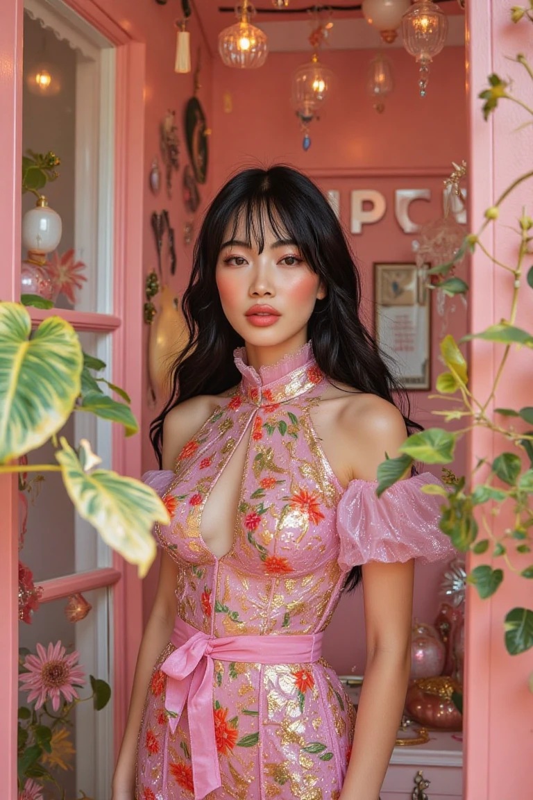 This is a photograph of a young woman with East Asian features, dressed in a striking, ornate outfit, standing in a whimsical, vibrant setting. She has a fair complexion and long, dark hair styled in loose, wavy strands that fall over her shoulders. Her makeup is dramatic, with bold, winged eyeliner and a soft, pink lipstick.