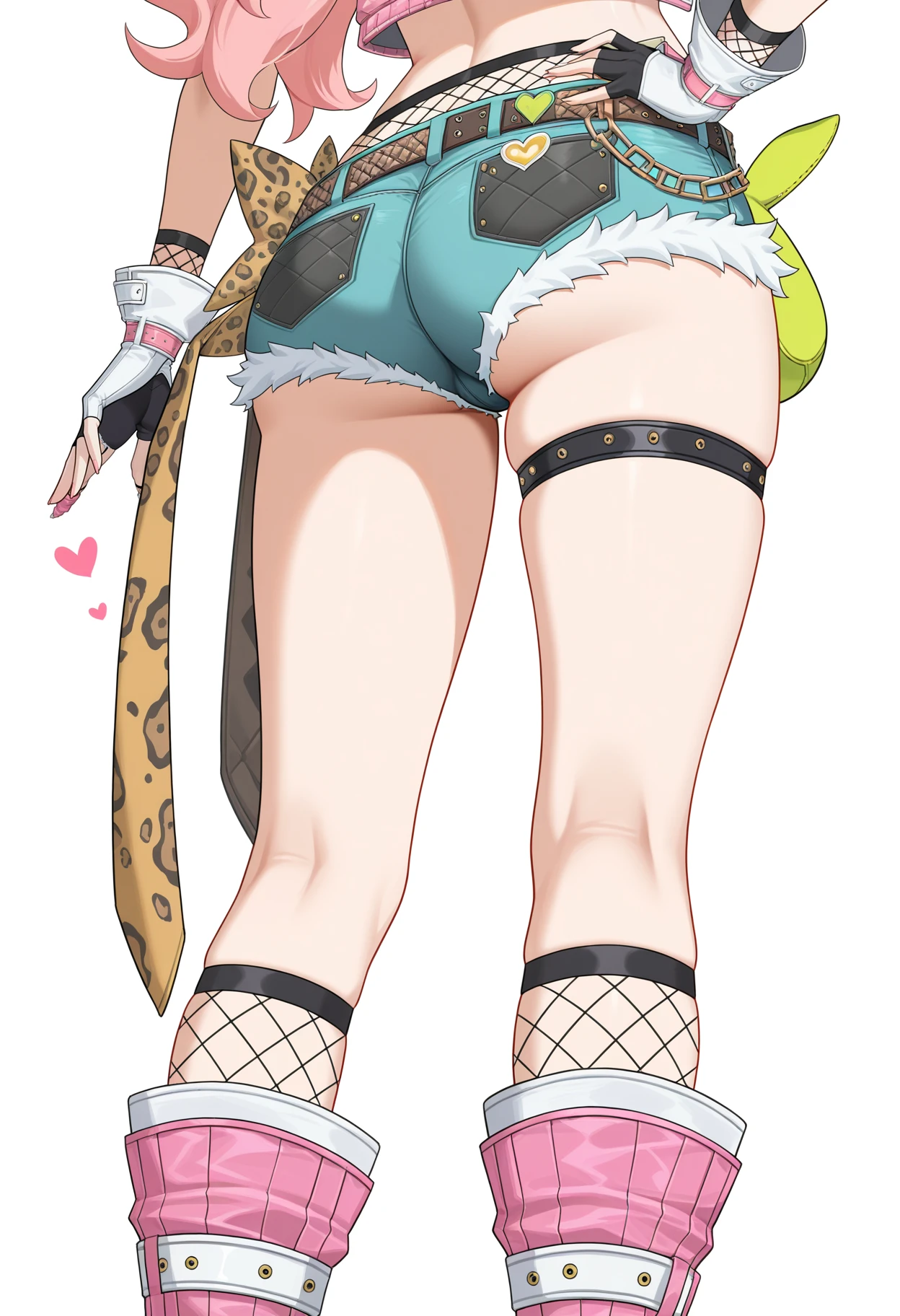 <lora:nicole-000014:1>,
Nicole_\(Zenless_Zone_Zero\),solo,shorts,fingerless gloves,gloves,denim shorts,socks,fishnet socks,standing,short shorts,denim,thigh strap,legs,kneepits,ass,lower body,fishnets,white footwear,leopard print,boots,belt,from behind,thighs,cutoffs,heart,pink footwear,white_background