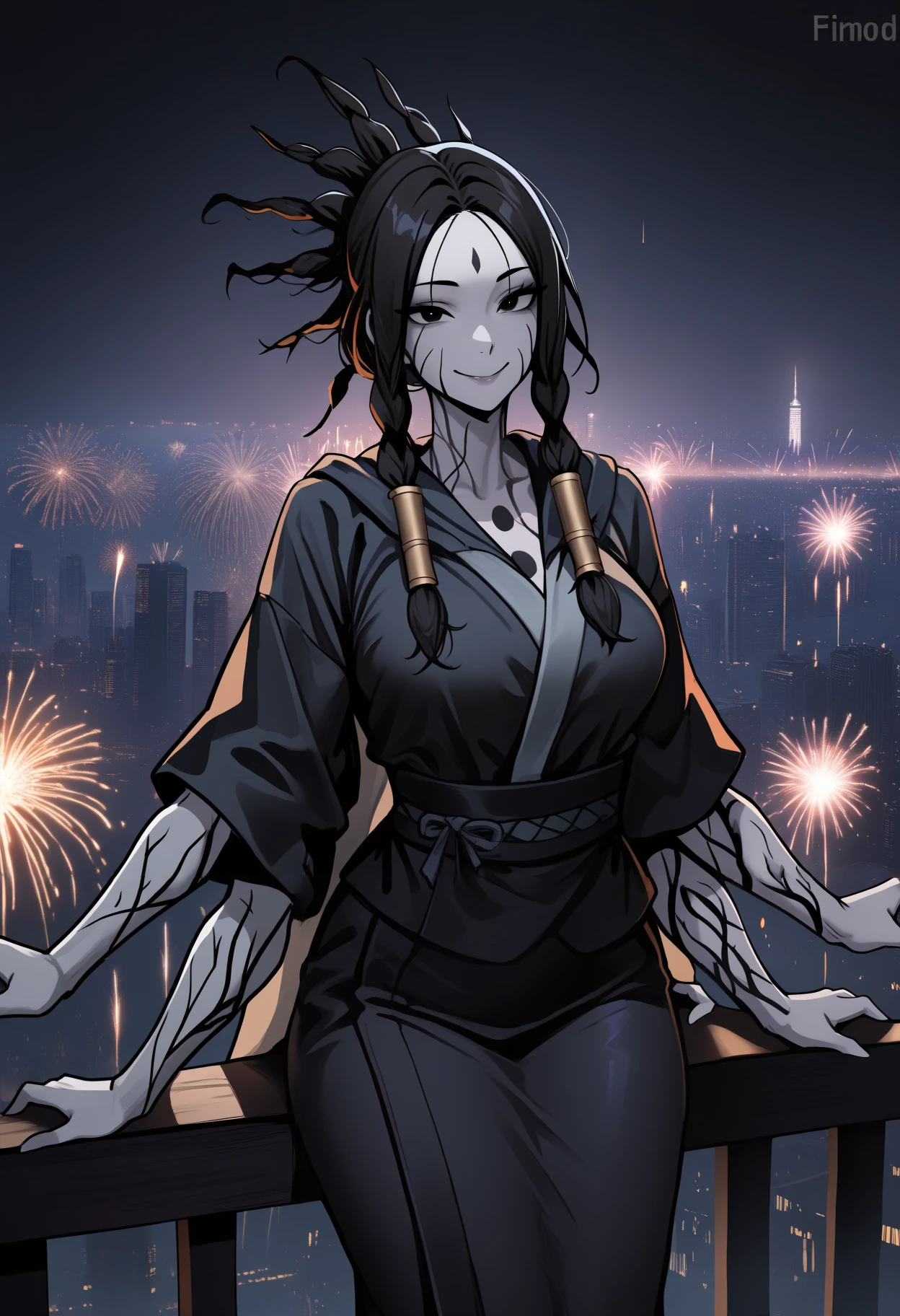 masterpiece, best quality, newest, hdr, 1girl, solo,
fi0d1, long hair, black hair, twin braids, spiked hair, hair tubes, black eyes, tattoo, facial tattoo, colored skin, grey skin, extra arms, kimono, long sleeves
cityscape, night, fireworks, looking at viewer, happy, smile,
<lora:Fool's Idol:1>