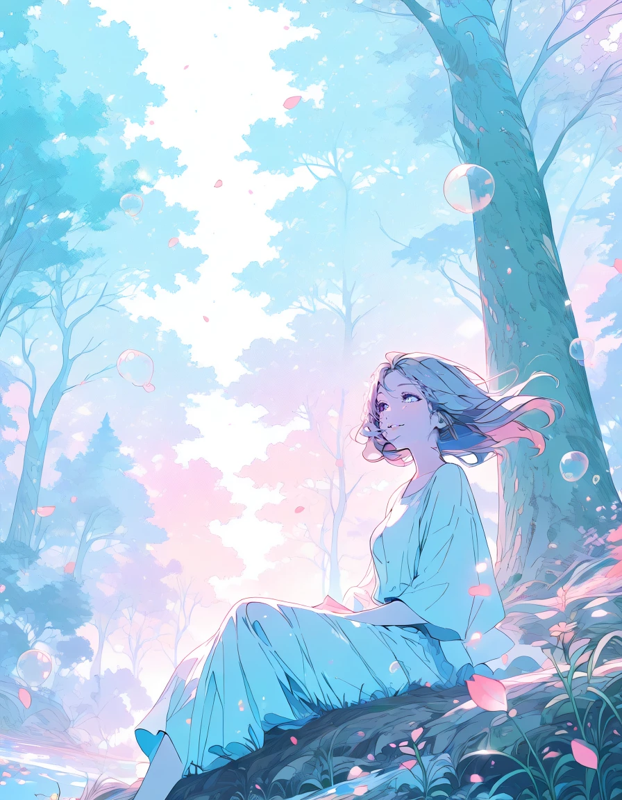 (masterpiece,best quality,amazing quality,highres,newest,absurdres),1girl, simple background, screentones, colorful,manimani, <lora:IL-manimani:1>
BREAK
outdoors,smile, parted lips, sitting, forest, scenery, bubble, petals, looking away,floating hair,