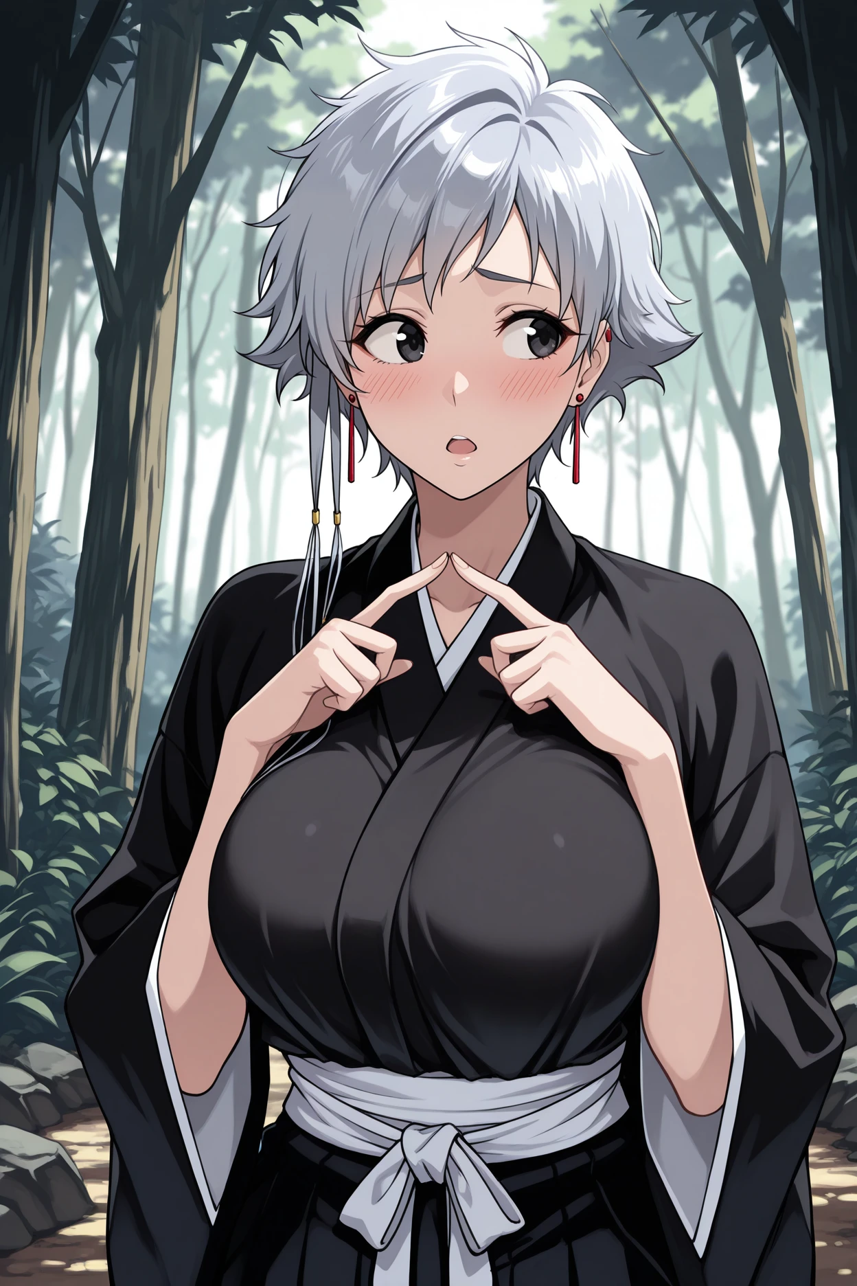 masterpiece, best quality, 1girl, solo, <lora:kotetsuisane-illu-nvwls-v1_1-000006:1> is4ne, silver hair, short hair with long locks, black eyes, earrings, black kimono, wide sleeves, white sash, black hakama, large breasts, index fingers together, open mouth, blush, looking to the side, forest, dusk