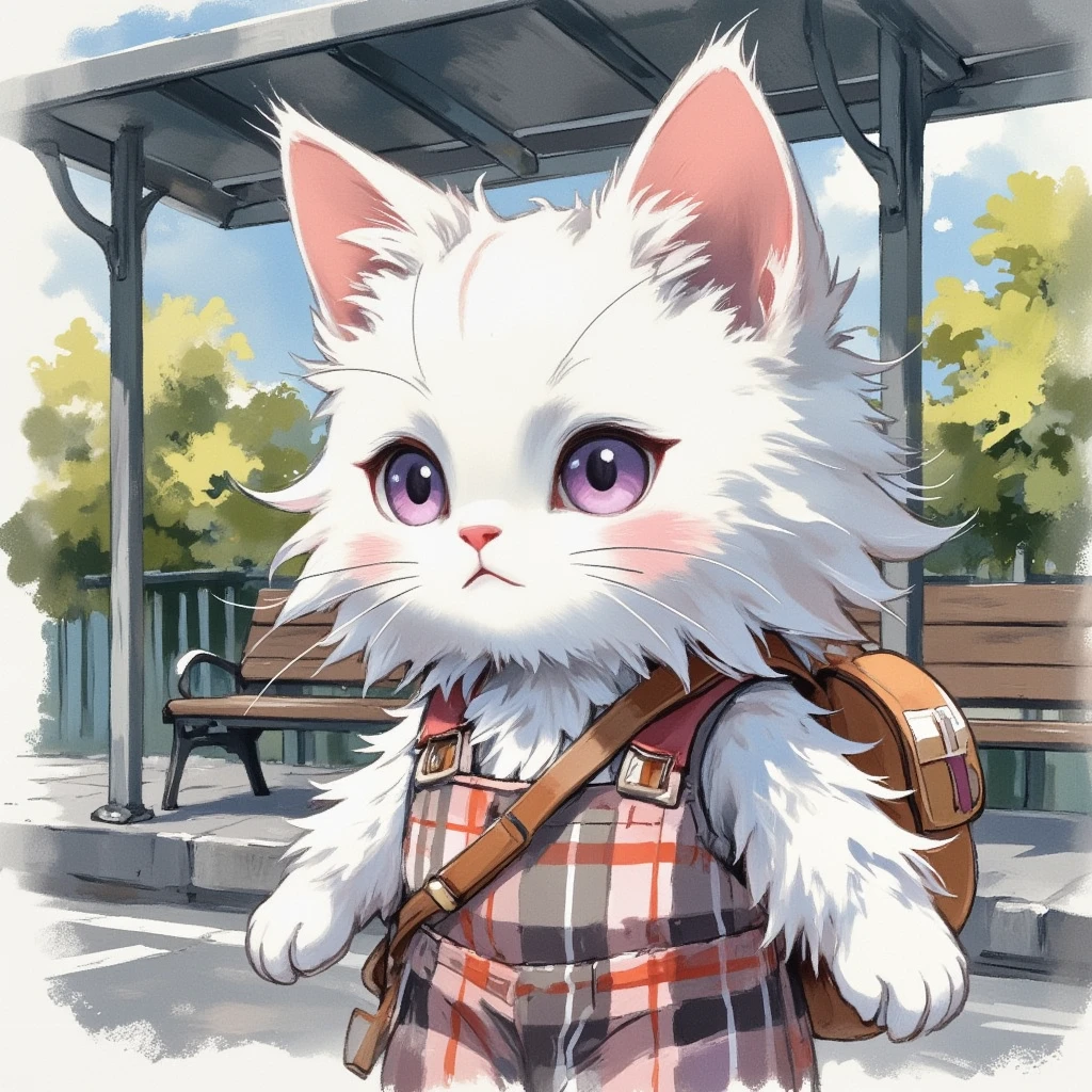 Special Ink-drawing mode, soft lighting with dynamic highlights, A cute anthropomorphic white kitten with big lilac eyes and long fluffy fur, dressed in a plaid jumpsuit with a satchel on his back, stands at a bus stop and looks out for a bus