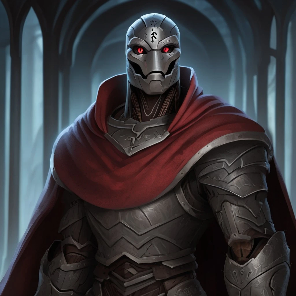 (((detailed, beautiful, high quality))), score_9, score_8_up, score_7_up, upper body, solo,
warforged, robot monster, metal body, black sclera, rune on forehead, wooden hinges,
1 male, red eyes, black skin, red cape,
looking at the viewer, posing,
fantasy background, blurred background,