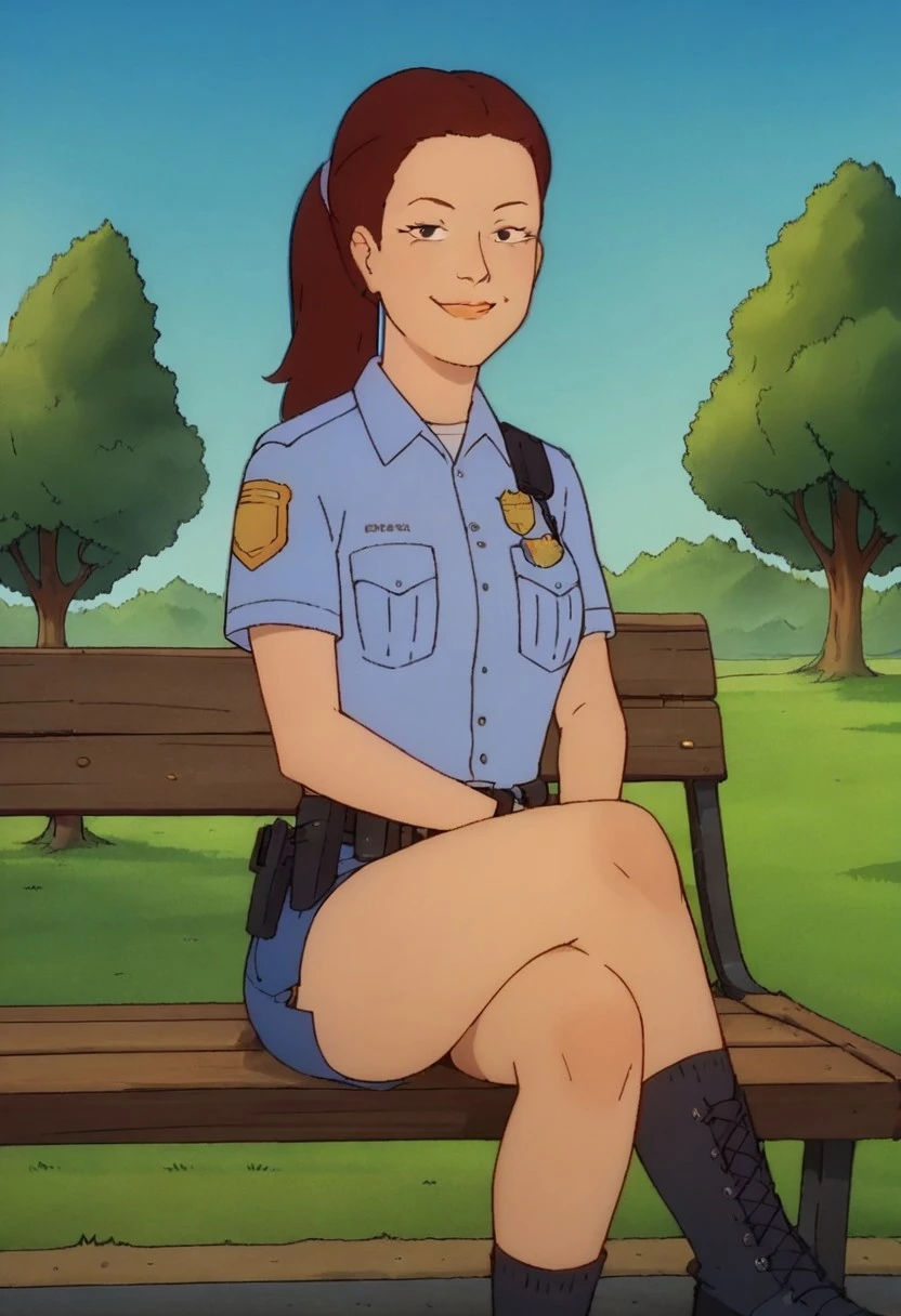 KOTHJaneCooper, 1girl, brown hair, ponytail, black eyes, policewoman, police uniform, blue shirt, short sleeves, breast pocket, belt, holster, walkie-talkie, gun, blue skirt, miniskirt, black shoes
uncensored, score_9__up, score_9, score_8_up, score_8, score_7_up, score_7, score_6_up, score_6, score_5_up, source_anime, anime screencap, anime coloring, highres, Rating_safe, safe_pos
smug, sitting, crossed legs, outdoors, 1girl, bench, trees, sky, clouds, sun, looking at viewer, day, forest