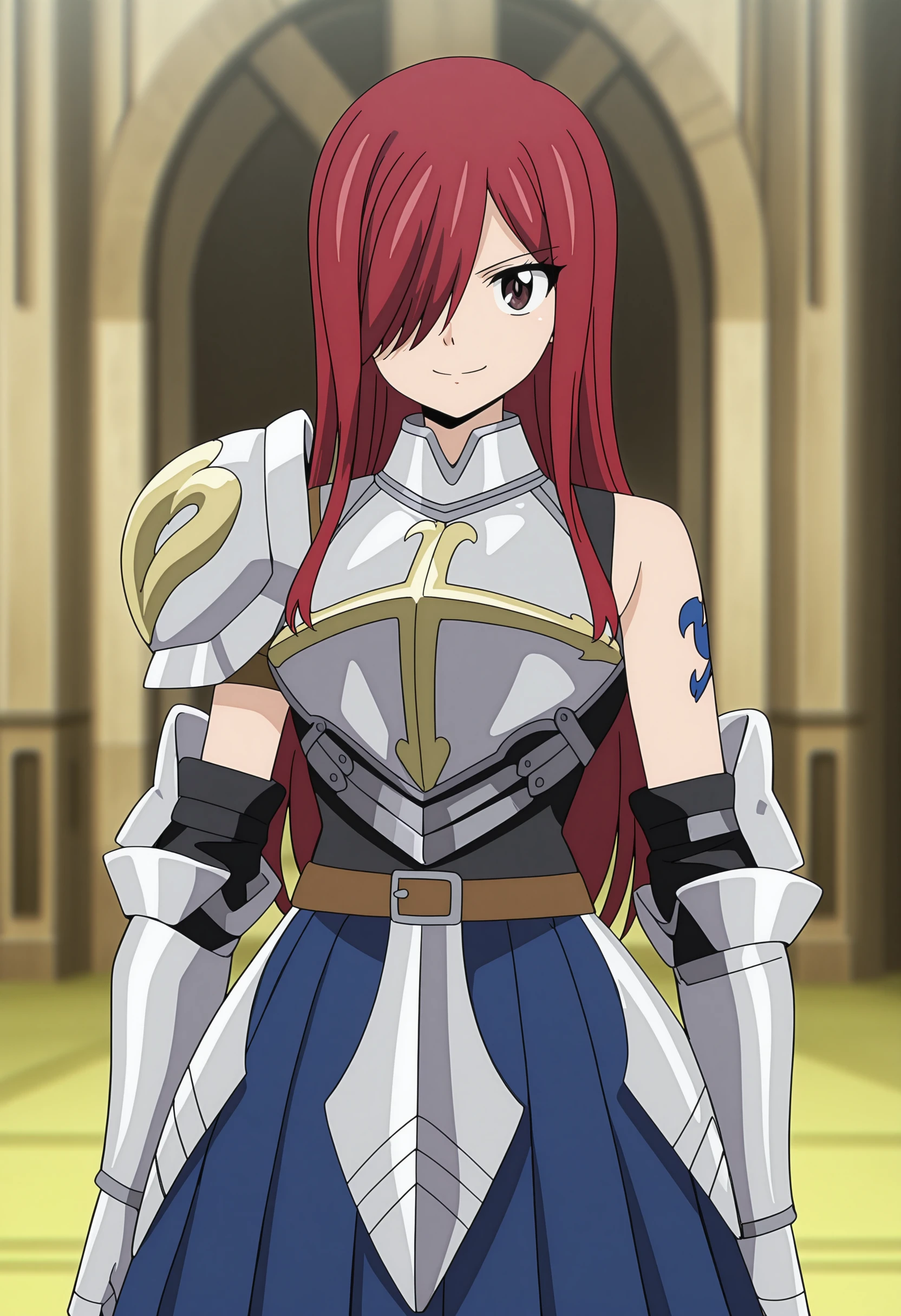 anime screencap, anime coloring, masterpiece, best quality, perfect face,
<lora:Erza_Scarlet_Fairy_Tail_100_Years_Quest_art_style:1>,
Heart Kreuz Armor (outfit), long hair, 1girl, red hair, armor, hair over one eye, skirt, solo, plate, tattoo, brown eyes, blue skirt, pleated skirt, belt, gauntlets, brown belt, blurry, standing, cowboy shot, looking at the viewer, confident smile