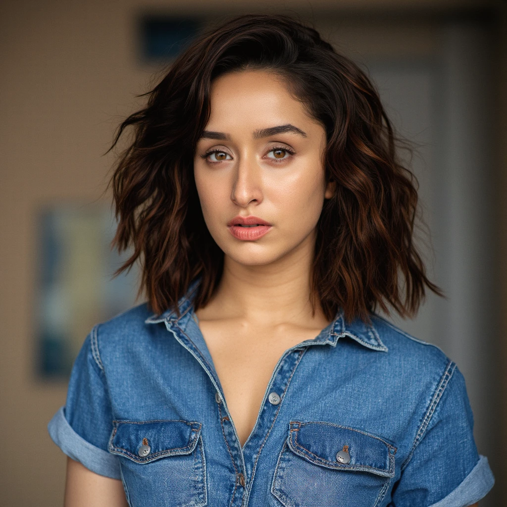 shraddha_kapoor , Shraddha Kapoor - Bollywood Actress wearing denim tshirt, looking at the camera, portrait photography, The image is detailed and shot using a Canon EOS R5 Mark II 45MP Full-Frame Mirrorless Camera with 85mm f 1.4 lens, RAW photo, highest quality, high detail RAW color photo, professional photo, high resolution image, inspiration from renowned photographers like brandon woelfel