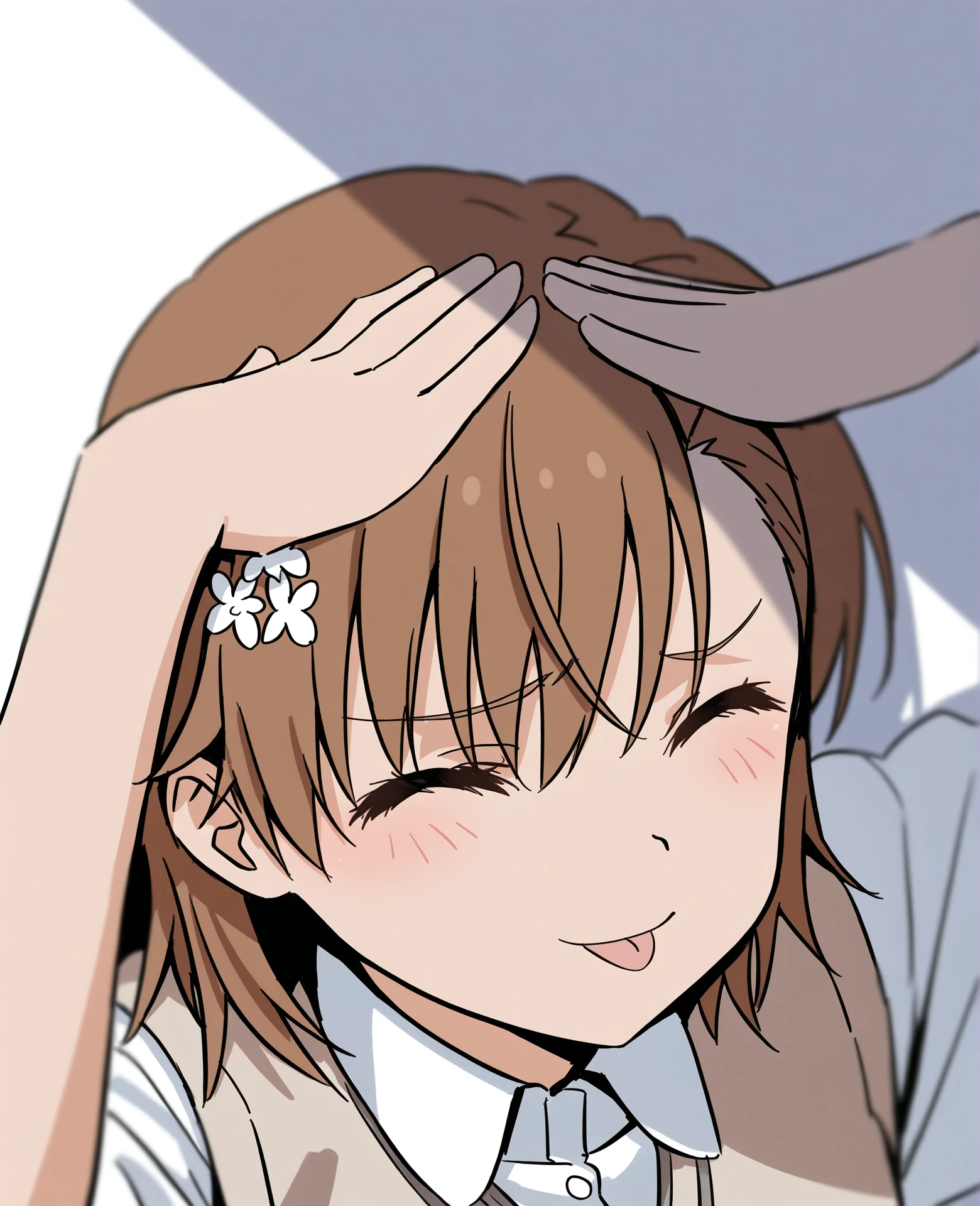 highres, hi res, best quality, masterpiece, 2d, intricate details, 4k, anime coloring, uncensored, (shaded, shadow, countershading:1.3),
1girl, eyelashes, nose, bangs, brown eyes, brown hair, eyebrows visible through hair, hair ornament, short hair, white flower, misaka mikoto,
upper body, closed eyes, hands on own head, ah eto... bleh \(meme\),
depth of field, white background, <lora:Ah_Eto_Bleh_ILXL:1>