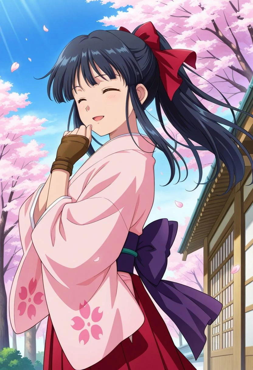 detailed eyes, beautiful, detailed background, perfect eyes,
source_anime, very aesthetic, anime coloring, masterpiece, official art,
<lora:HandFineTuning_XL:1>
BREAK,
sakura tree, japanese village, sakura petals, windy, floating hair,
cowboy shot, dynamic angle,
from side, eyes closed, hand on mouth, light smile, open mouth,
BREAK,
<lora:shinguji_illustrious_v01:0.9>
sakuraBase, black hair, hair ribbon, red ribbon, brown hair, ponytail, red bow, sidelocks, bangs,
meiji schoolgirl uniform, japanese clothes, red hakama, floral print sleeves, floral print kimono, purple sash, fingerless gloves, green obijime,