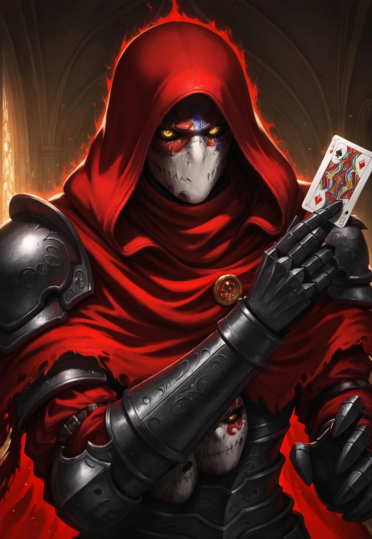 masterpiece, best quality, amazing quality, very aesthetic, absurdres, newest, jackOfBlades, 1boy, solo, mask, yellow eyes, hood, cloak, armor, holding, jack_of_spades, jack_\(playing_card\), portrait, close-up, red aura, indoors, dungeon