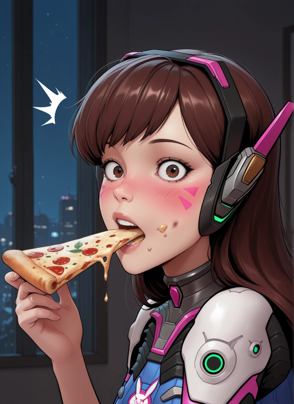 embedding:IllusP0s, artist:schmedefus3, side view, solo, 1girl, d.va_\(overwatch\), (((surprised))), holding pizza, cheese on face, ((messy eating)), night, looking at viewer, blush, lips, marinara sauce on face, holding pizza, embarrassed, looking over shoulder,<lora:artist_schmedefus3_ill.safetensors:1.0:1.0>