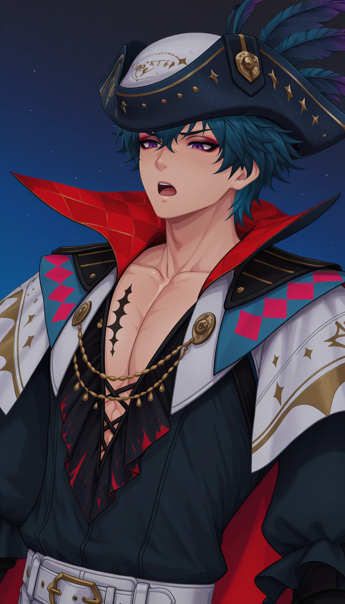 dutch angle, male focus, ,male focus, solo, mature male, moaning, bulante, purple eyes, blue hair, hat, feathers, black shirt, makeup, pectoral cleavage, puffy sleeves, tattoo, capelet, ribbon, cape,
serious,
detailed, perfect anatomy, masterpiece, best quality, good quality, newest, very aesthetic, <lora:bulante ill:1>