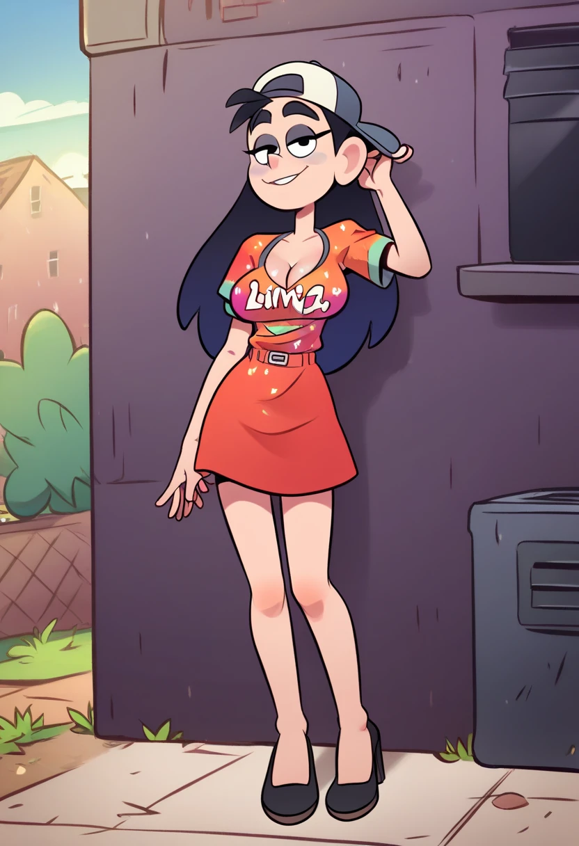 score_9, score_8_up, score_7_up, score_6_up, score_5_up, 1girl, solo, full body,
(source_cartoon),
<lora:Mel (UAHP) by Alex Hirsh:0.9>
Mel_UAHP, antenna hair, multicolored hair, black hair, blonde hair, long hair, lanky, eyelashes, thick eyebrows, round eyes, hat, baseball cap, backwards, hair behind ears,
(well aligned eyes), (thin),
smile, printed shirt,
sexy red dress, dress, sexy dress, cleavage, large breasts, eyeshadow, mascara, (high heels),
outdoors, detailed background, night time,
<lora:Expressive_H:0.7> Expressiveh,
<lora:add-detail-xl:0.9>