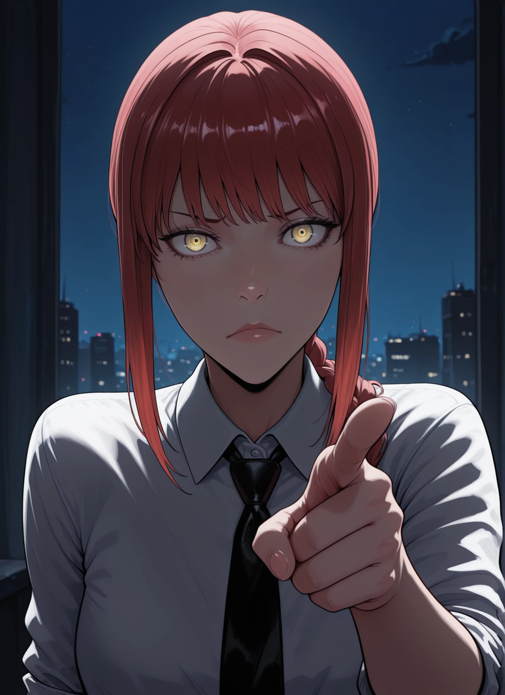 embedding:IllusP0s, artist:schmedefus3, makima, pointing at viewer, black tie, rolled sleeves, ringed pupils, frown, dramatic lighting, night, lips, yellow eyes, eyelashes, embedding:IllustriousQual, embedding:Smooth Quality,<lora:artist_schmedefus3_ill.safetensors:1.0:1.0>