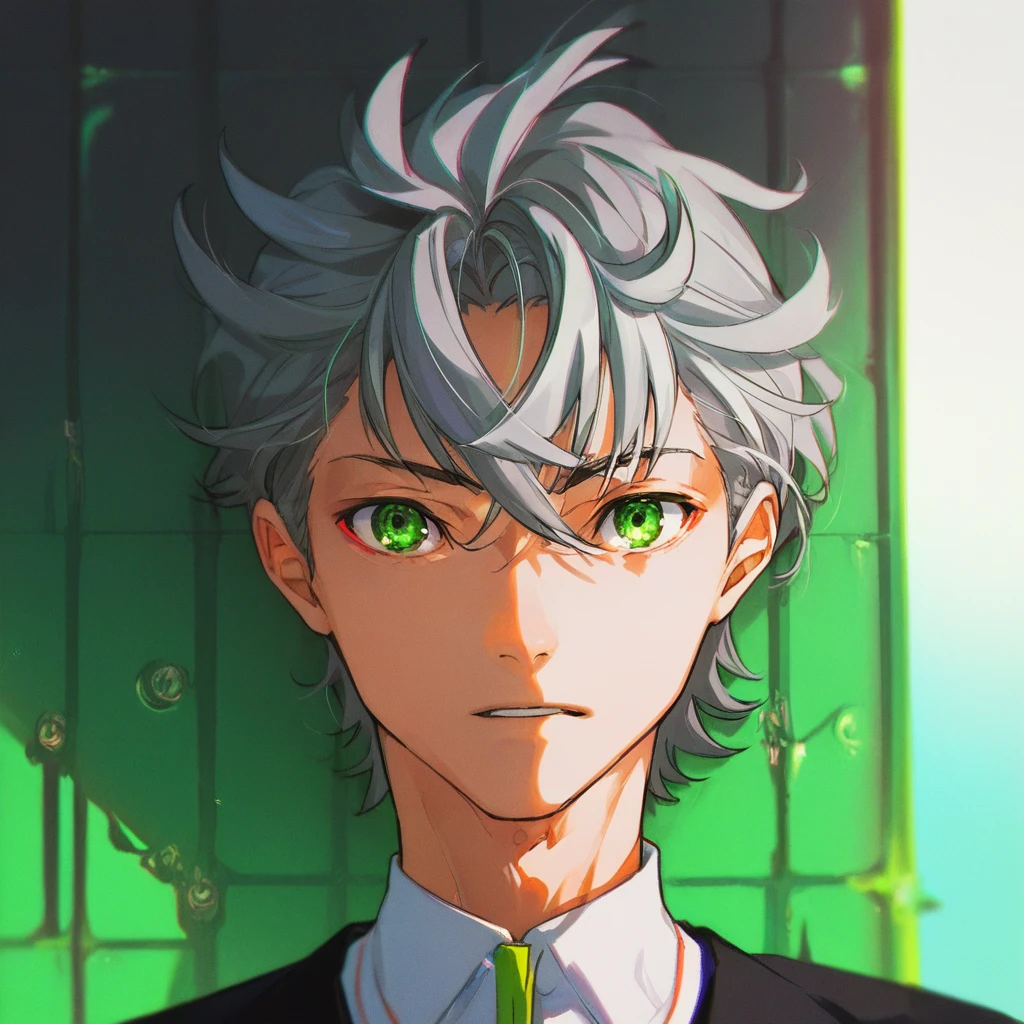 cgls, ynmy, 1boy, gray hair, green eyes, stylish, vibrant colors, contrasting colors, high contrast, upper body, male focus, BREAK, rooftop, Tokyo skyline, score_9, score_8_up, score_7_up, masterpiece, best_quality, very aesthetic