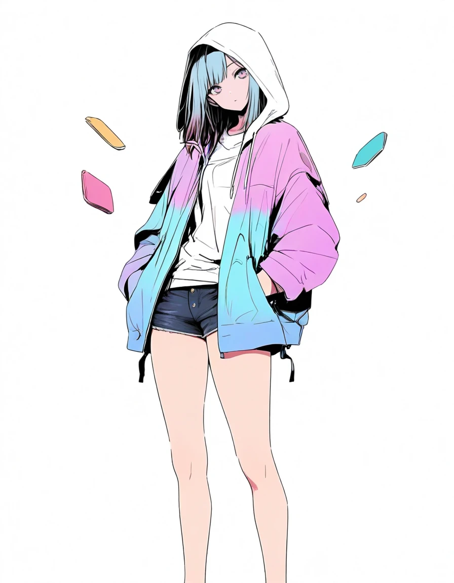 (masterpiece,best quality,amazing quality,highres,newest,absurdres),1girl, simple background, screentones,manimani, <lora:IL-manimani:1>,colorful
BREAK
standing,full body,feet out of frame, hotpants,open jacket,hood up, hands in pockets, head tilt,looking at viewer, floating object,