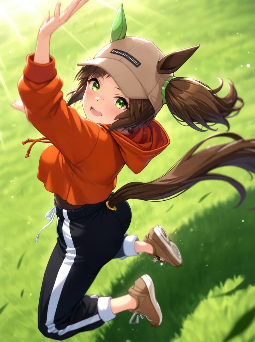masterpiece, best quality, absurdres,ultra detailed hair,floating hair,
ines fujin \(umamusume\), 1girl, horse ears, horse tail, orange cropped hoodie, side ponytail, hair through headwear, looking at viewer, single green ear cover, full body, ocher sneakers, open mouth, smile, freckles, ocher baseball cap, jumping, long sleeves, ass, blush, hood down, high-waist black sweatpants pants, ear through headwear, green hairband, brown inner shirt
open mouth, big smile,
light rays,lens flare,light particles,motion blur, blur,outdoors, on grass,from above,
<lora:ILL_ines_fujin_ver1.0:1>