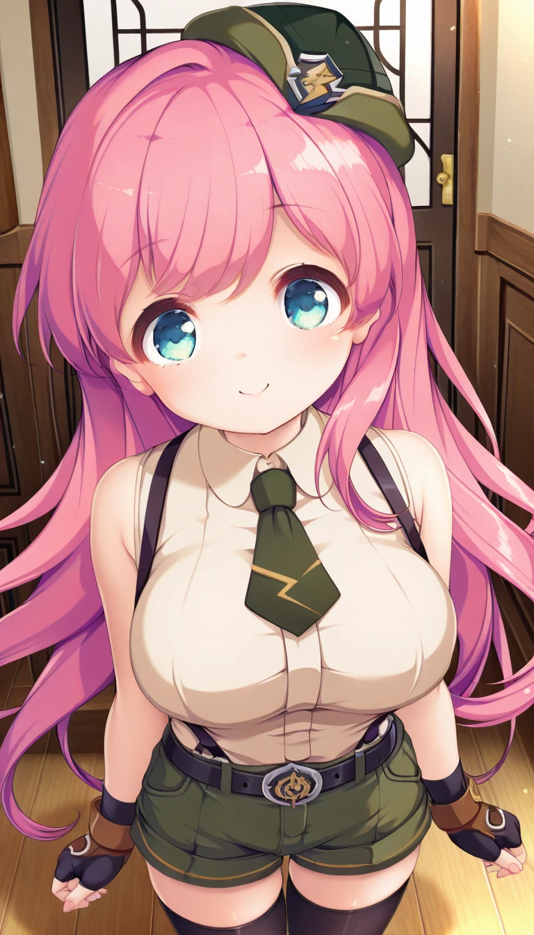 (masterpiece),best quality,amazing quality,very aesthetic,absurdres,newest,perfect body,shiny skin,perfect eyes,detail1eye,well-defined fingers,well-defined fingernails,anime style,indoors,1girl,solo,upper body,(portrait:1.5),looking at viewer,facing viewer,smile,blush,Mikagami mamizu style,Novice female,Novice female uniform,beret,very long hair,pink hair,floating hair,bangs,blue eyes,collared shirt,sleeveless shirt,beige shirt,large breasts,dark green necktie,bare arms,fingerless gloves,black belt,suspender shorts,green shorts,short shorts,shorts rolled up,zettai ryouiki,black thighhighs,boots,<lora:TNT-Novice female(tnt)-Illus:1.6>,<lora:Mikagami mamizu[style]-Illus:1.8>,