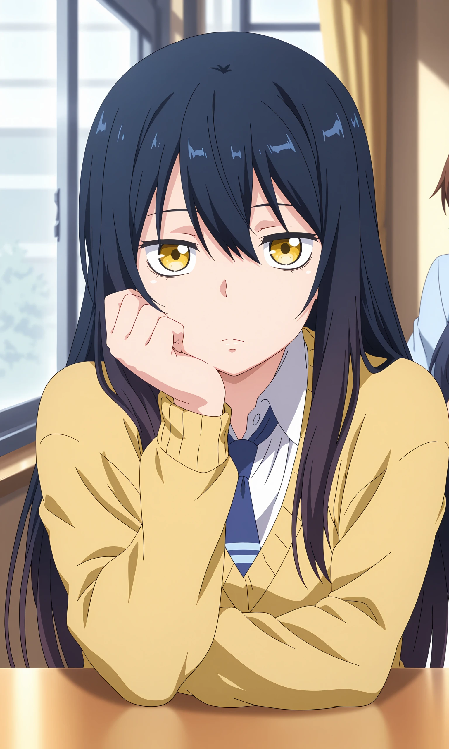 anime coloring, (anime screencap) masterpiece, detailed face, <lora:Miko:0.8>, Miko, yellow eyes, necktie, school uniform, long hair, sweater, shirt, blurry, looking at viewer, brown hair, white shirt, indoors, black hair, blue hair, solo focus, cardigan, depth of field, frown, upper body, closed mouth, dress shirt, bangs, window, collared shirt, long sleeves, hair between eyes, blurry background, short hair, blue necktie, expressionless, yellow sweater, wing collar,hand on own face, head rest, hand on own cheek,