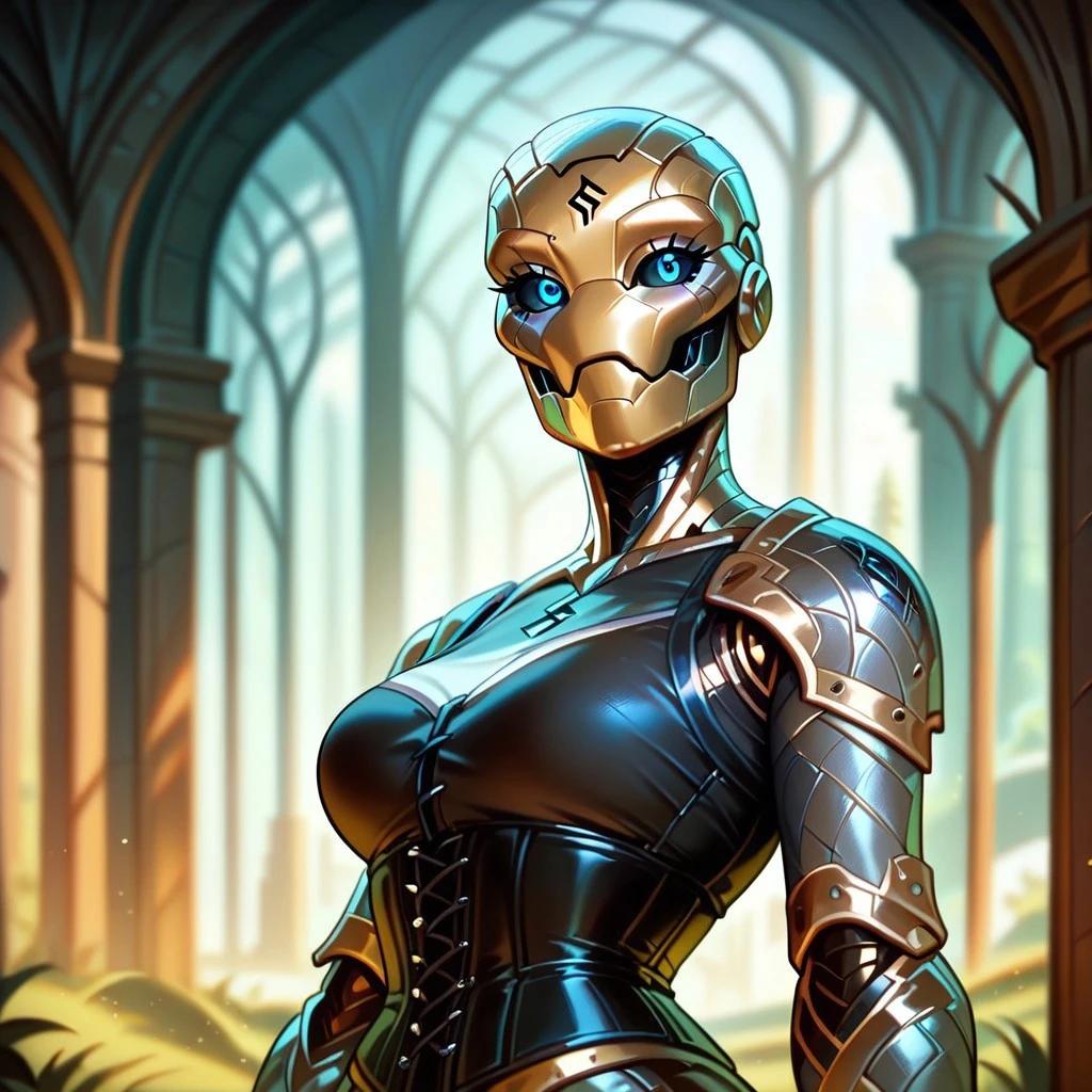 (((detailed, beautiful, high quality))), score_9, score_8_up, score_7_up, upper body, solo,
warforged, robot monster, metal body, black sclera, rune on forehead, wooden hinges,
1 girl, blue eyes, golden skin, black corset,
looking at the viewer, posing,
fantasy background, blurred background,