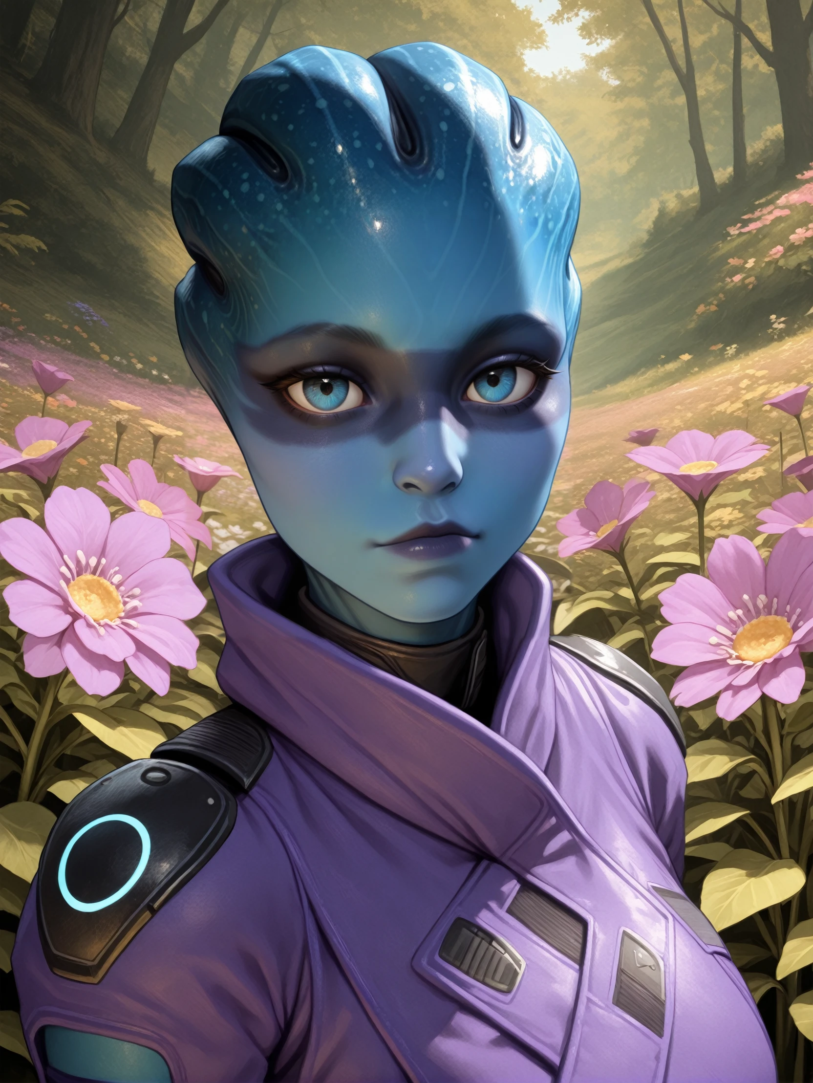 masterpiece, best quality, amazing quality, very aesthetic, absurdres, newest,
<lora:ILMEAPeebee:1.0>
MEAPeebee, 1girl, blue skin, blue eyes, face paint, alien, looking at viewer, in spring,seasonal flower,seasonal background,flower background, posing