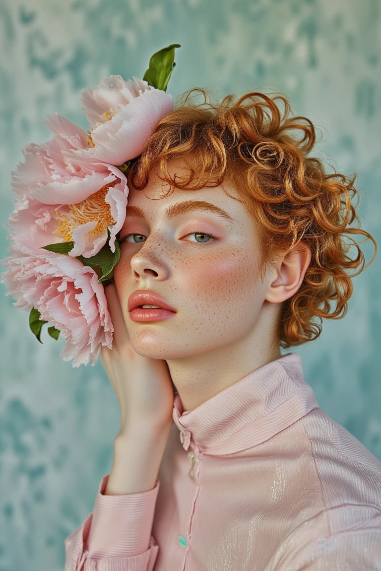 This is a photograph featuring a young woman with striking, curly red hair and a pale, freckled complexion. She is positioned in front of a muted, blue-green, abstract background that appears to be a textured, slightly blurred backdrop. The woman's face is obscured by an arrangement of large, soft pink peonies and other flowers, with their delicate petals and green leaves intertwining around her head and face.