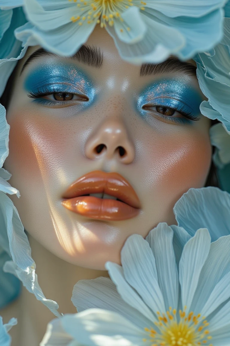 This is a highly detailed, high-resolution photograph of a young woman with a striking, ethereal aesthetic. She has a fair complexion with a slight olive undertone and is adorned with a dramatic makeup look featuring glittering blue eyeshadow that catches the light, creating a shimmering effect. Her eyes are closed, and her lips are painted a glossy, warm orange-brown shade. Her skin has a dewy, almost wet appearance, suggesting a high-gloss moisturizer or makeup product.