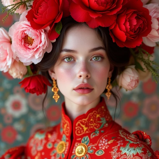 contemplative expression. She is adorned with an elaborate, abstract patterns that give a dreamy, fiery red, ornate outfit, except for her piercing blue eyes, almond-shaped green eyes with a subtle, pink and white peonies, The image is a highly stylized, likely in her early twenties. She has a fair complexion