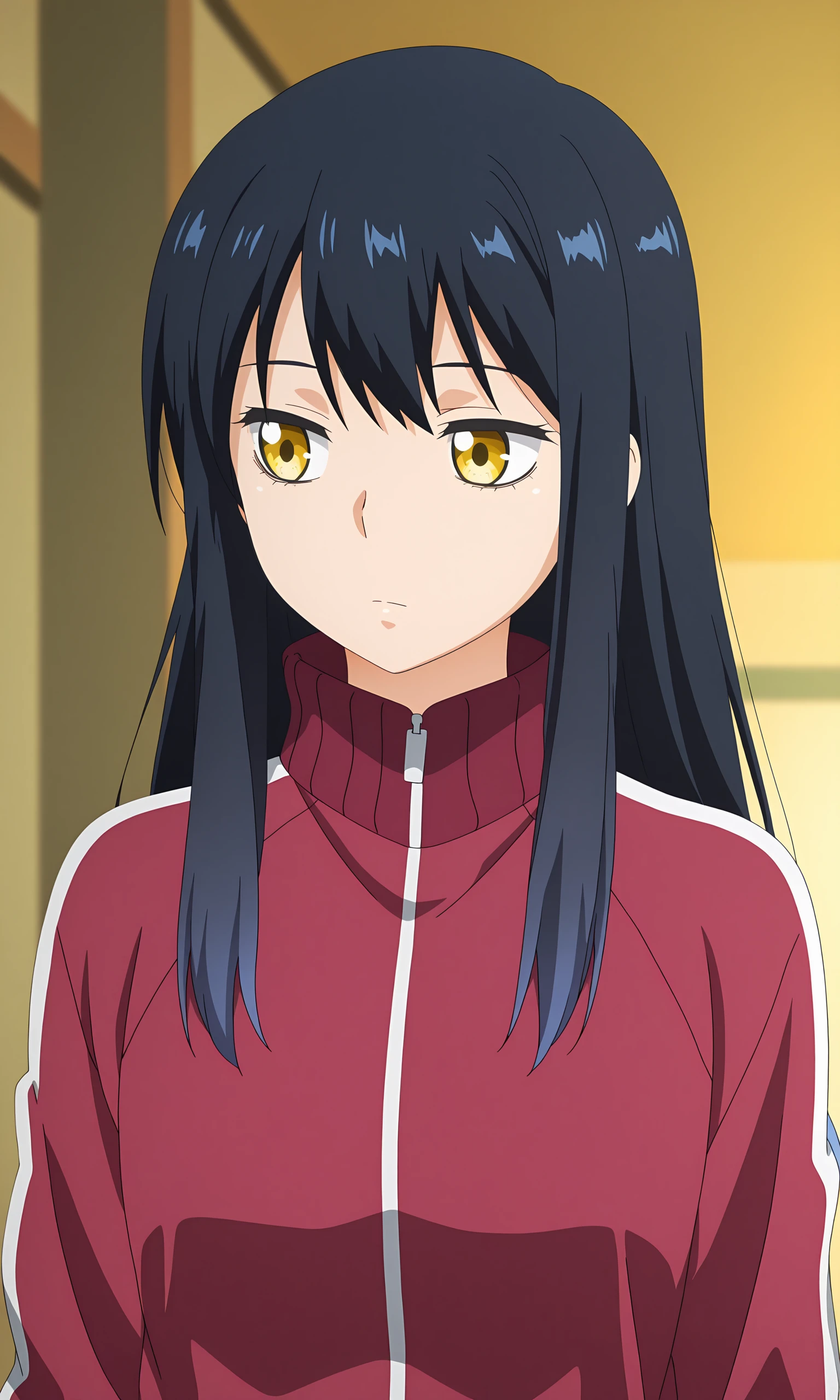 anime coloring, (anime screencap) masterpiece, detailed face, <lora:Miko:0.8>, Miko, yellow eyes, solo, track jacket, black hair, jacket, long hair, upper body, blue hair, blurry, zipper, red jacket, sidelocks, looking away, expressionless, closed mouth, blurry background, bangs, looking to the side