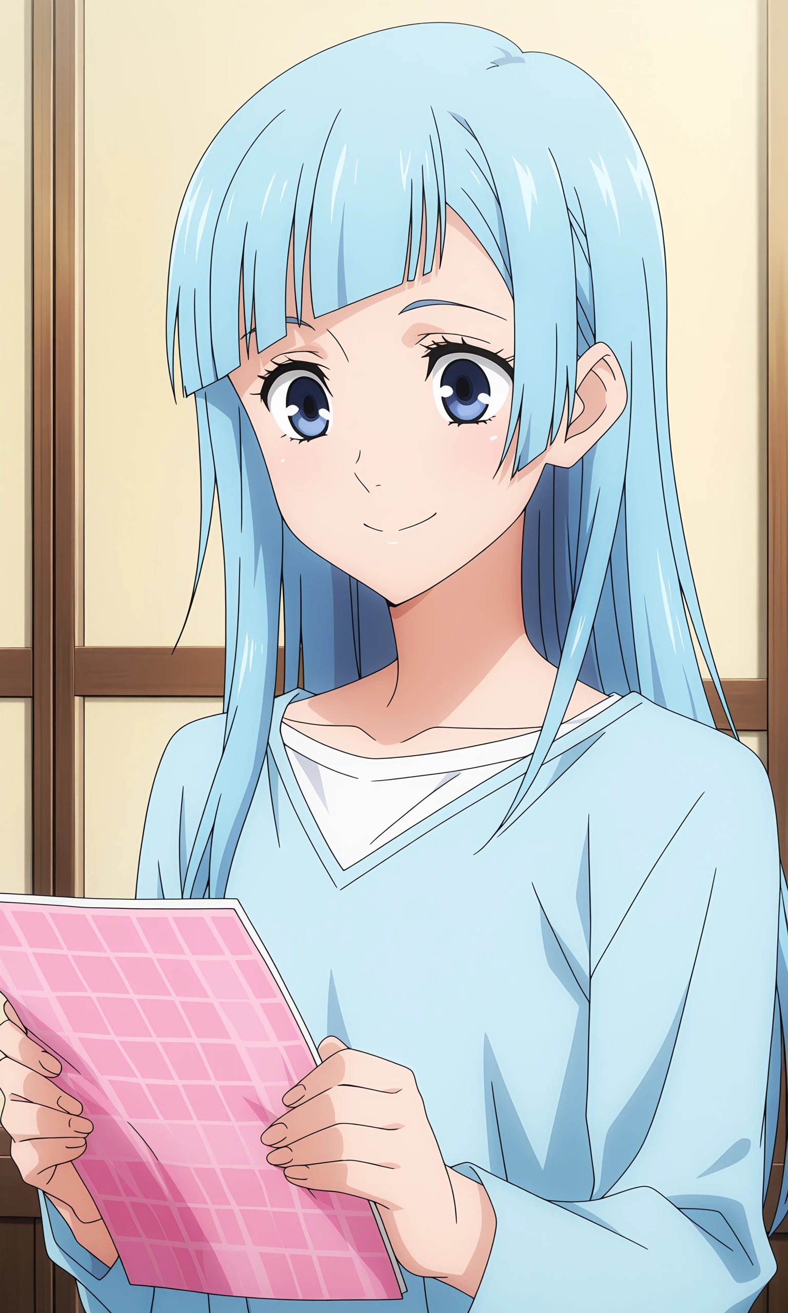 anime coloring, (anime screencap) masterpiece, detailed face, <lora:lora.TA_trained:0.8>Kasumi, 1girl, solo, blue hair, long hair, blue eyes, smile, holding, bangs, shirt, blunt bangs, indoors, upper body, closed mouth, straight hair, long sleeves