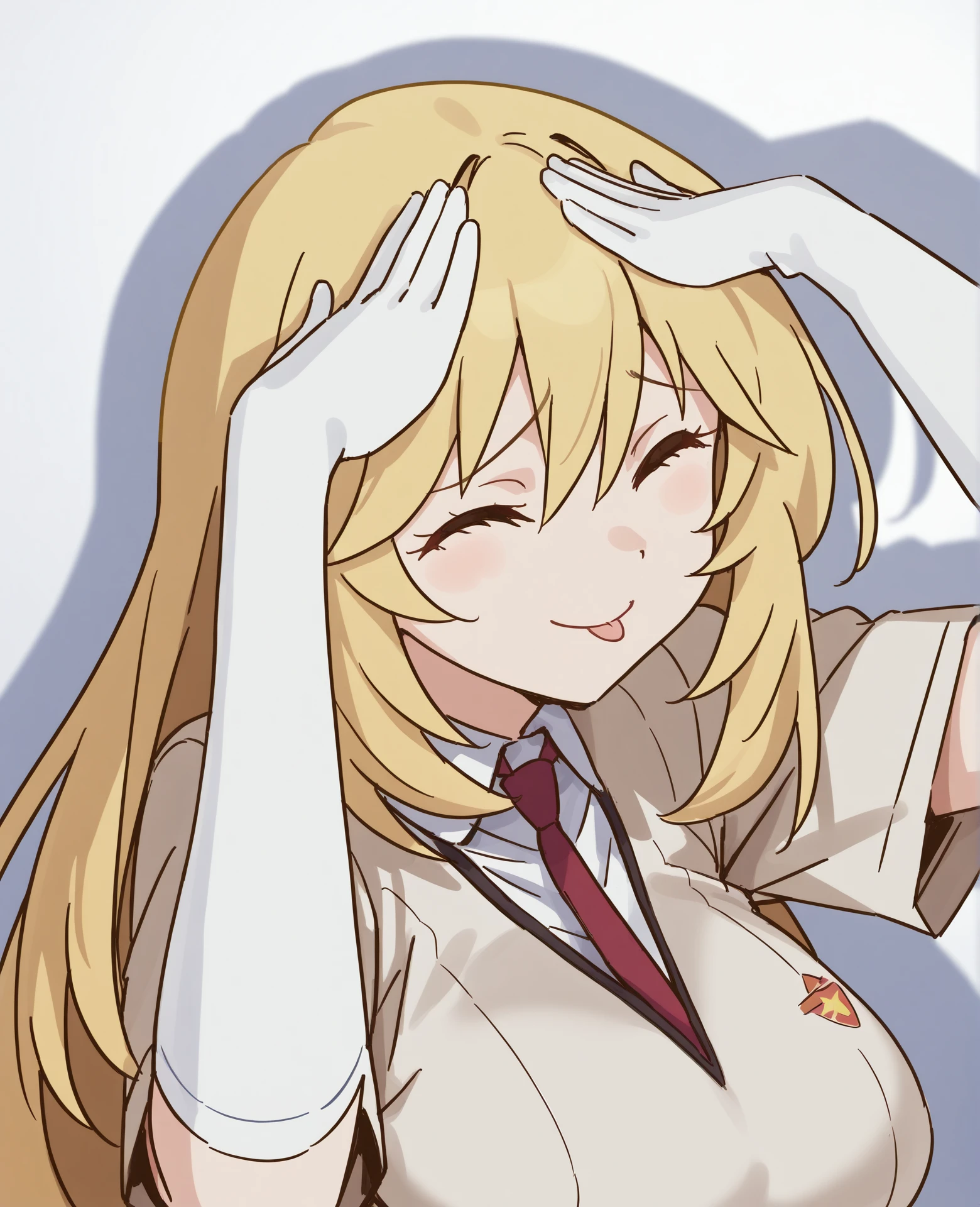 highres, hi res, best quality, masterpiece, 2d, intricate details, 4k, anime coloring, uncensored, (shaded, shadow, countershading:1.3),
1girl, eyelashes, + +, blonde hair, long hair, star \(symbol\), symbol-shaped pupils, yellow eyes, shokuhou misaki,
upper body, closed eyes, hands on own head, ah eto... bleh \(meme\),
depth of field, white background, <lora:Ah_Eto_Bleh_ILXL:1>