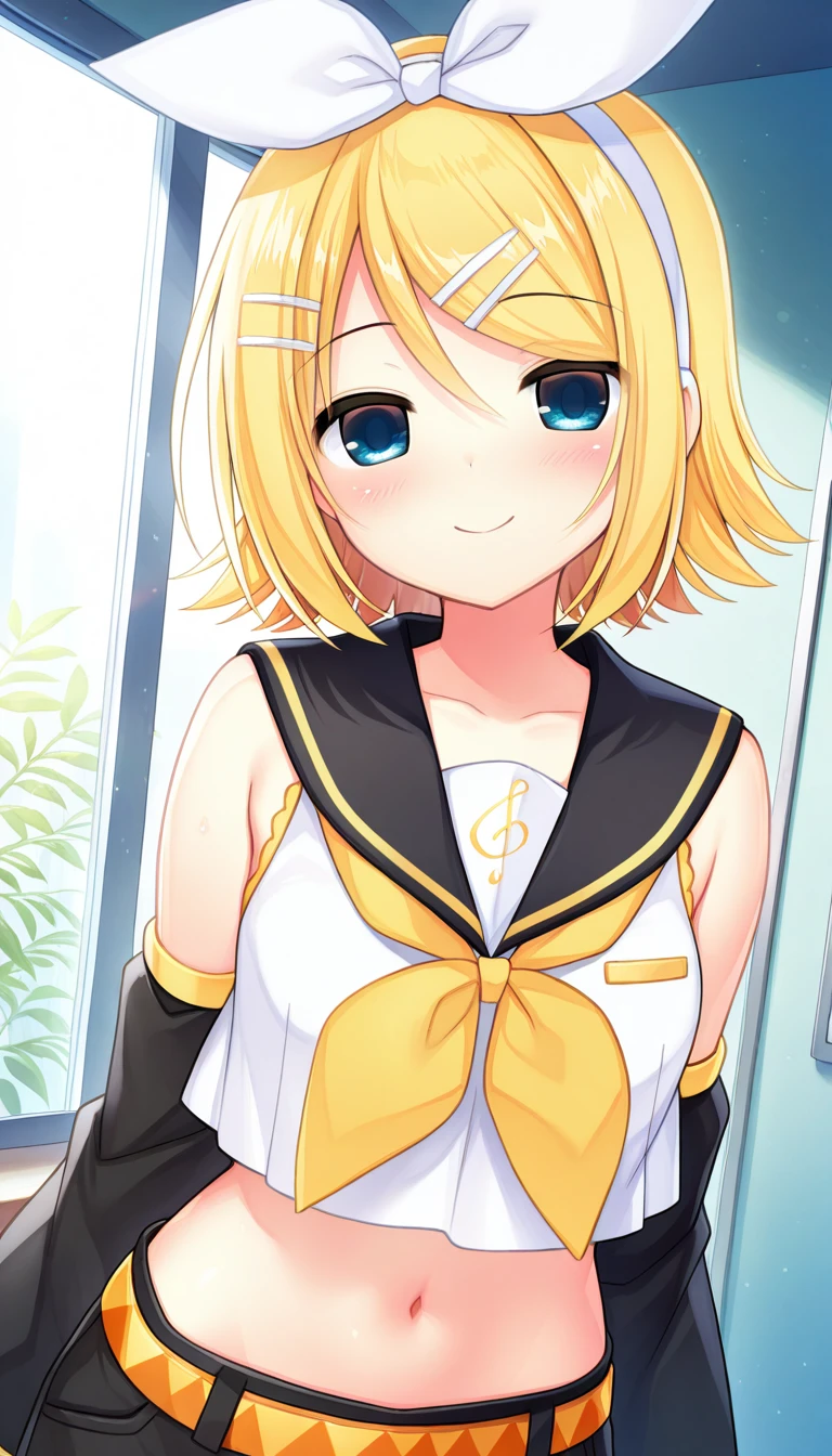 (masterpiece),best quality,amazing quality,very aesthetic,absurdres,newest,perfect body,shiny skin,perfect eyes,detail1eye,well-defined fingers,well-defined fingernails,anime style,indoors,1girl,solo,upper body,(portrait:1.5),looking at viewer,facing viewer,smile,blush,Utsunomiya Tsumire style,kagamine rin,short hair,blonde hair,floating hair,white hairband,hair bow,white bow,hairclip,swept bangs,blue eyes,collarbone,bare shoulders,black sailor collar,white shirt,sleeveless shirt,crop top,midriff,yellow neckerchief,black sleeves,detached sleeves,medium breasts,navel,stomach,orange belt,fringe,short shorts,black shorts,leg warmers,white footwear,<lora:Kagamine Rin(voc)-Illus-Remake:1.8>,<lora:Utsunomiya Tsumire[style]-Illus:1.6>,