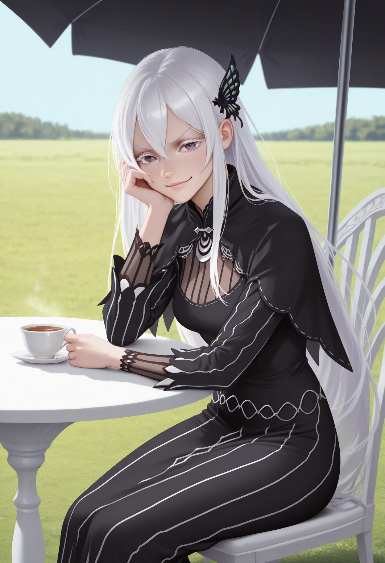 masterpiece, best quality, newest, realistic, solo, 1girl, ech1dnadef, smirk, looking at viewer, sitting, on chair, head rest, long hair, white hair, hair between eyes, butterfly hair ornament, purple eyes, colored eyelashes, black capelet, long dress, black dress, vertical-striped dress, long sleeves, outdoors, day, table, teacup, scenery, grass, umbrella