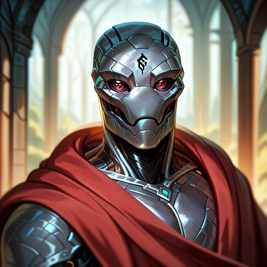 (((detailed, beautiful, high quality))), score_9, score_8_up, score_7_up, upper body, solo,
warforged, robot monster, metal body, black sclera, rune on forehead, wooden hinges,
1 male, red eyes, black skin, red cape,
looking at the viewer, posing,
fantasy background, blurred background,