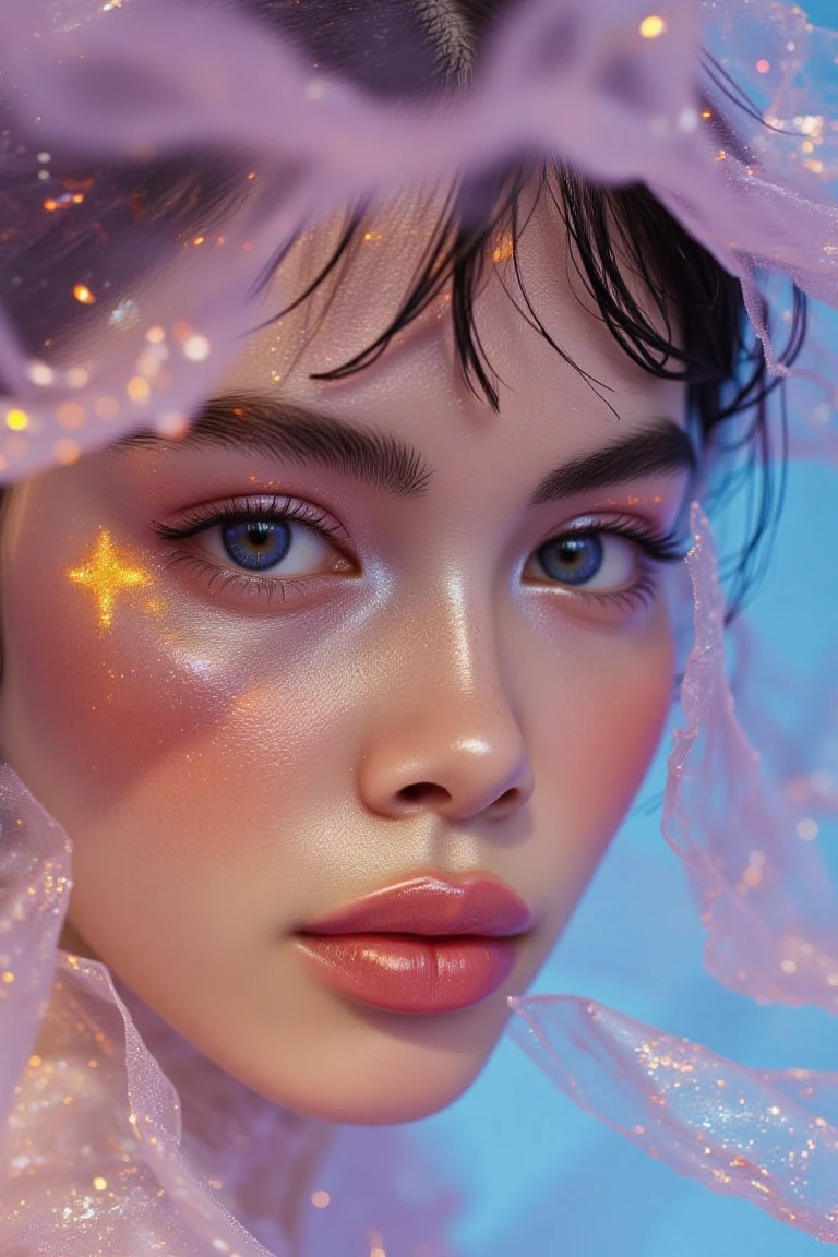 arafed woman with gold and glitter on her face, glowing magical shiny skin, glowing face, 8k artistic portrait photography, brandon woelfel, glowing with colored light, beautiful digital artwork, unreal engine : : rave makeup, beautiful fantasy portrait, fantasy portrait, cgsociety portrait, artem demura beeple, stunning digital illustration, glowing details, puple theme