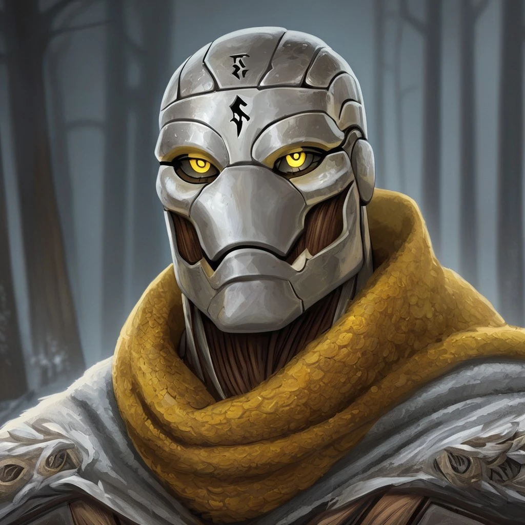 (((detailed, beautiful, high quality))), score_9, score_8_up, score_7_up, upper body, solo,
warforged, robot monster, metal body, black sclera, rune on forehead, wooden hinges,
1 male, yellow eyes, gray skin, brown scarf,
looking at the viewer, posing,
fantasy background, blurred background,