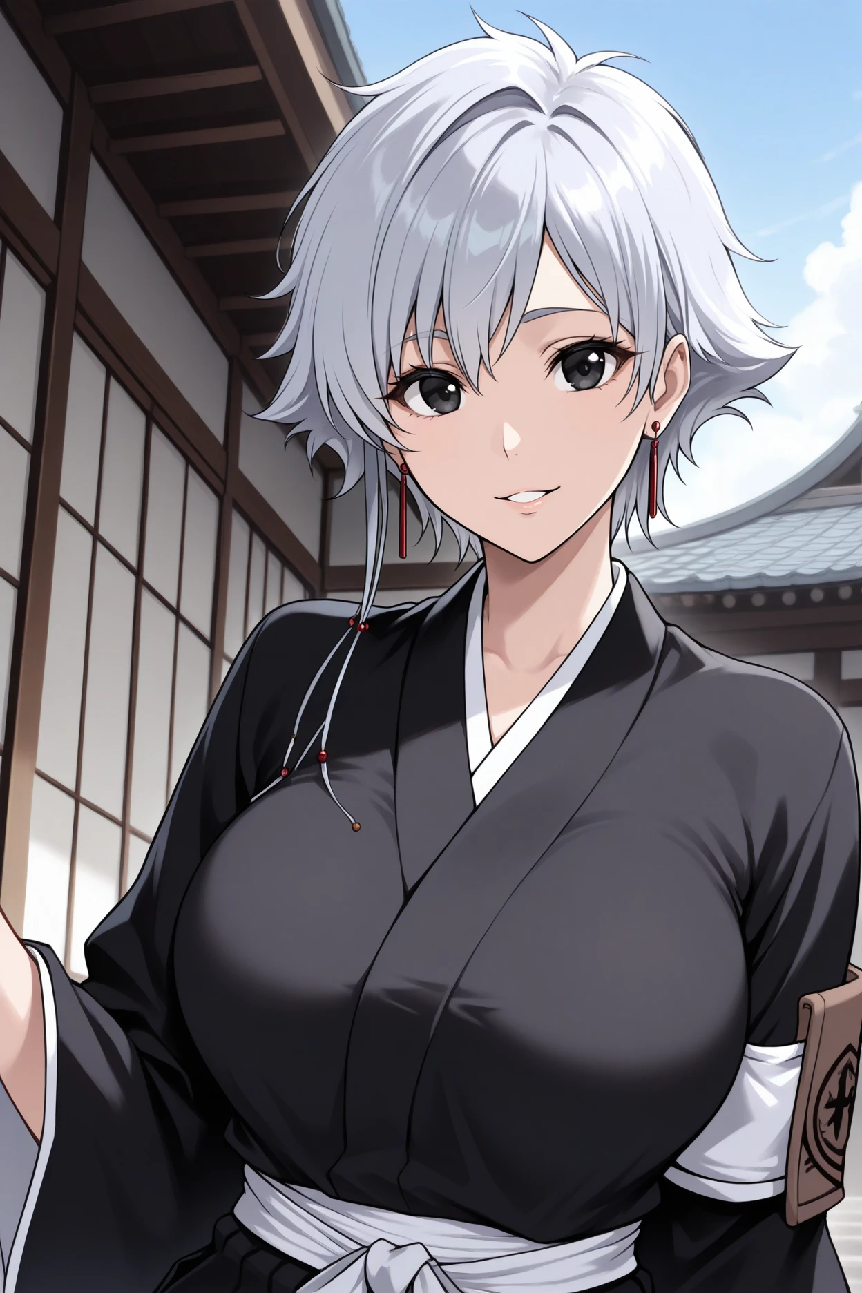 masterpiece, best quality, 1girl, solo, <lora:kotetsuisane-illu-nvwls-v1_1-000006:1> is4ne, silver hair, short hair with long locks, black eyes, earrings, black kimono, wide sleeves, white sash, black hakama, armband, brown arm badge, large breasts, looking at viewer, smile, parted lips, upper body, blue sky, east asian architecture