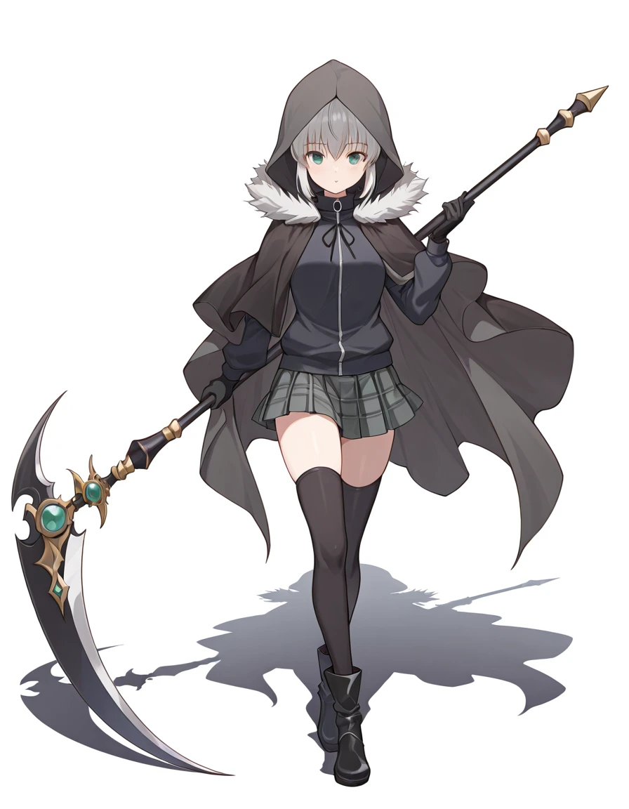 Volumetric Lighting, (masterpiece), (best quality), (ultra-detailed), masterpiece, source_anime, score_9, score_8_up, score_7_up BREAK, illustration, disheveled hair, detailed eyes, perfect composition, moist skin, intricate details BREAK, light depth, detailed face BREAK, Gray, grey hair, green eyes, short hair, sidelocks BREAK, Graydef, def_track_jacket, def_neck_ribbon, hood up, def_fur_trim_capelet, def_thighhighs, def_skirt, def_hooded_cloak, def_gloves, def_boots, def_scythe, holding scythe BREAKK, ((white background)), looking at viewer, holding, holding weapon, holding scythe, stretched leg, shadow, standing